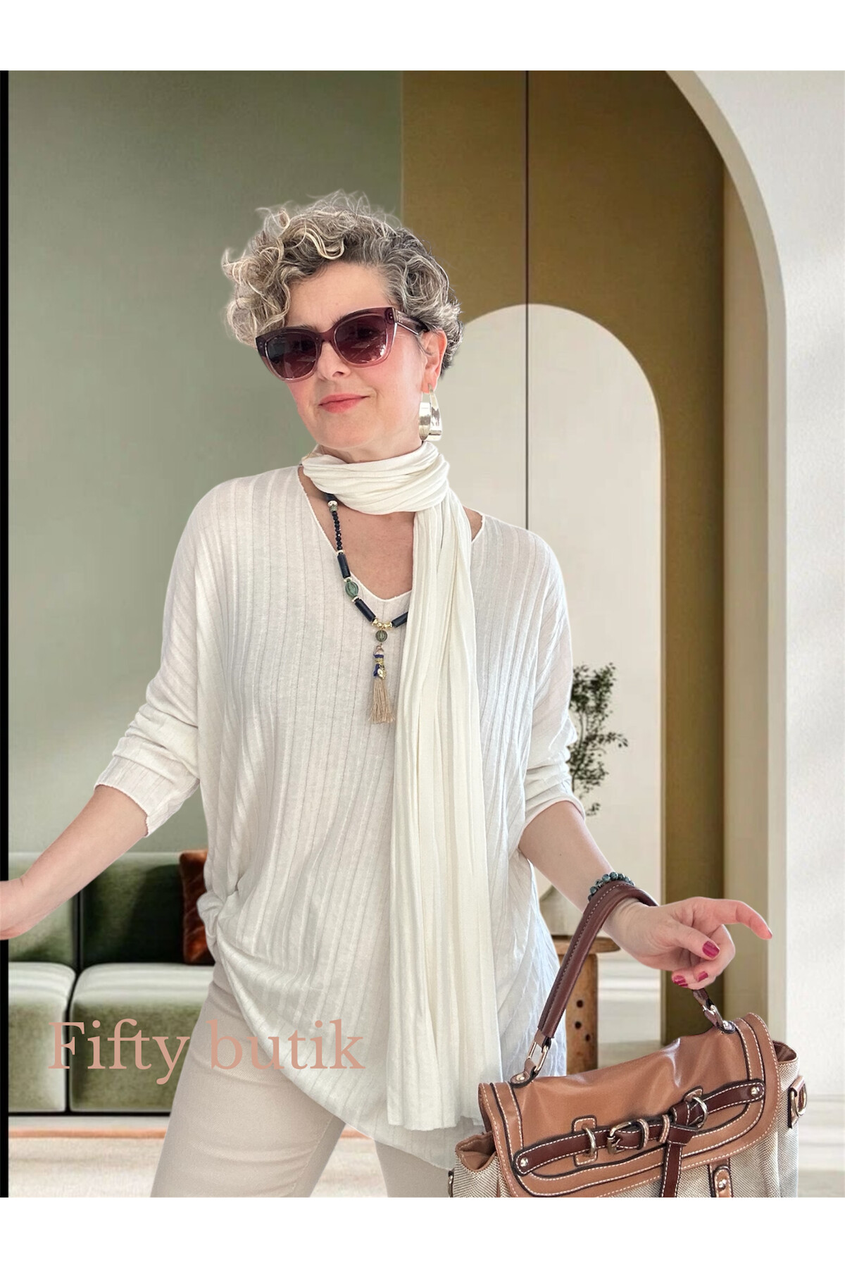 Rossi İtalyan Fularlı Tasarım Triko Bluz White