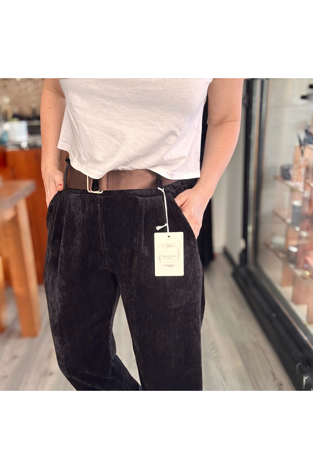 Sello İtalyan Şönil Kemerli Pantolon Siyah