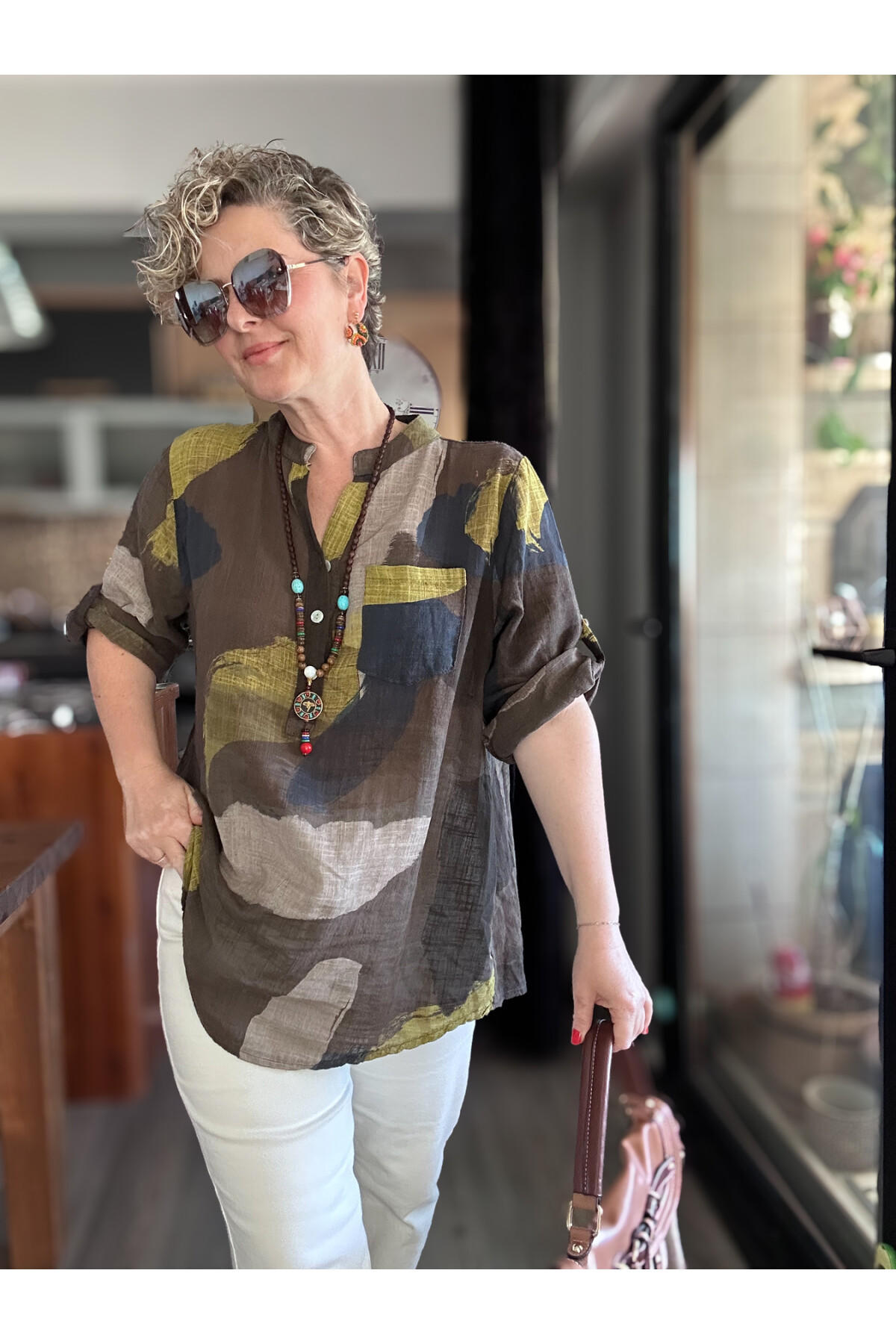 Senso Patchwork Desen İtalyan Gömlek Kahve