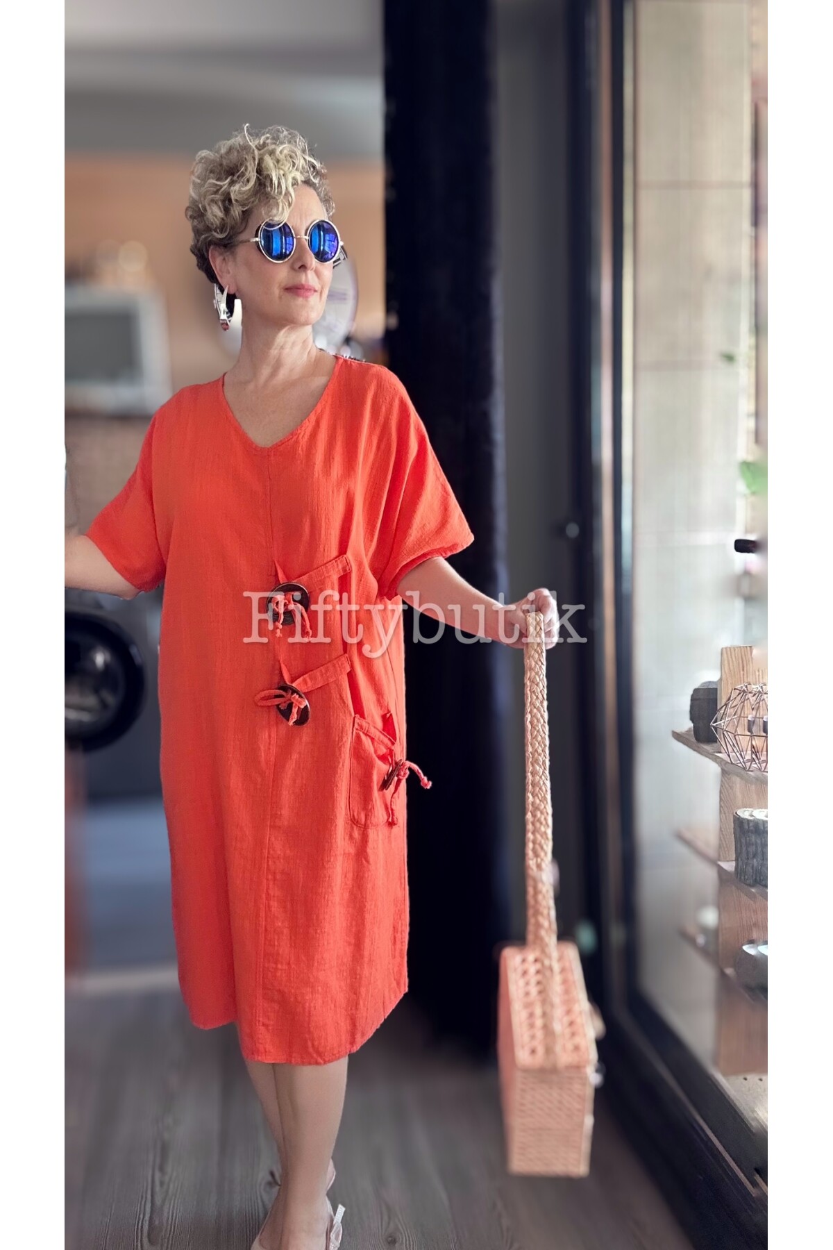 Sienta Tasarım Rustik İp Detay Elbise Turuncu