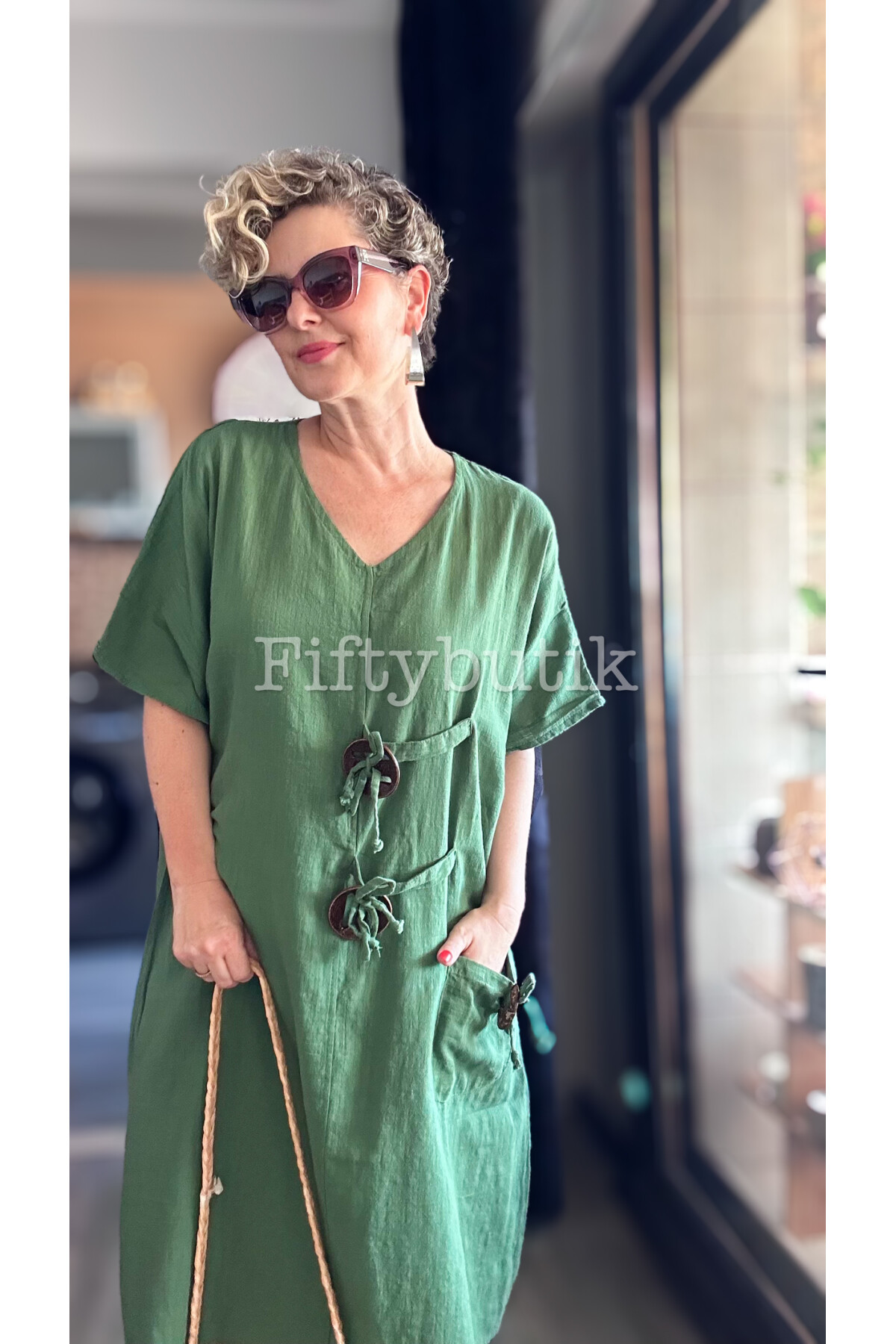 Sienta Tasarım Rustik İp Detay Elbise Yeşil