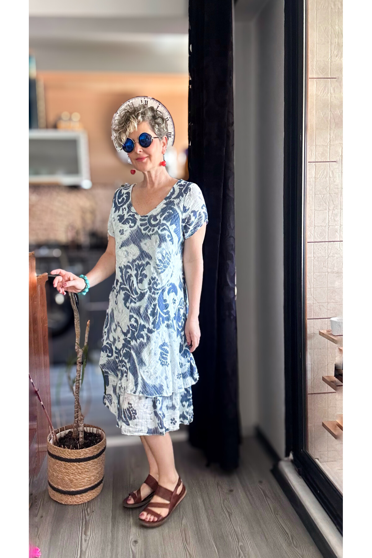 Tassi İtalyan Lotus Desenli Elbise Açık Mavi