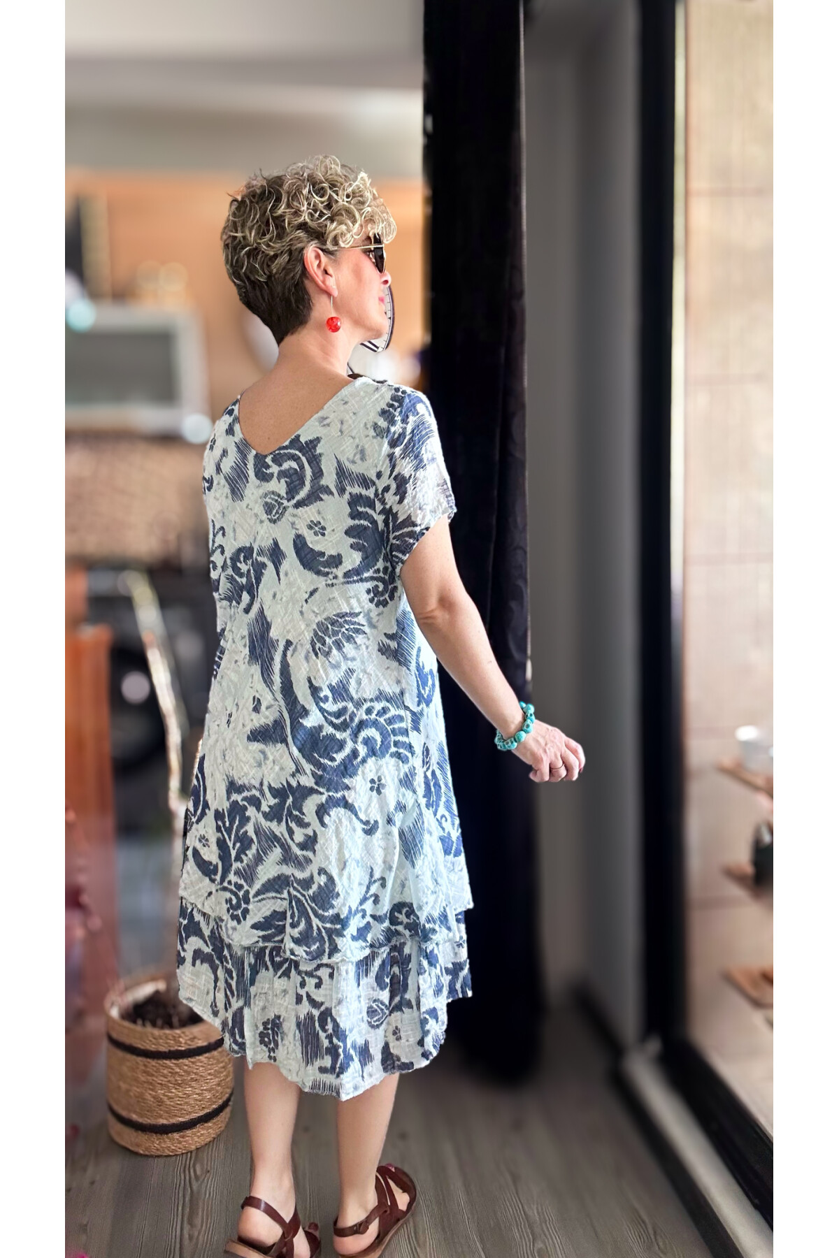 Tassi İtalyan Lotus Desenli Elbise Açık Mavi