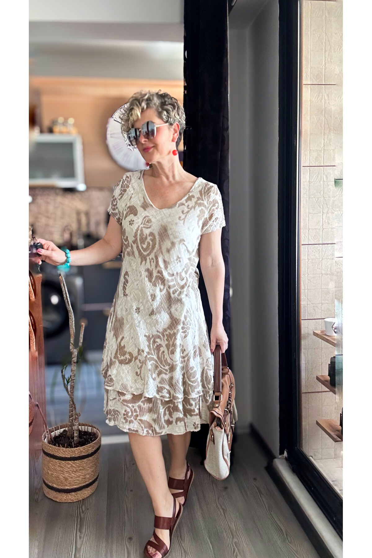 Tassi İtalyan Lotus Desenli Elbise Beige