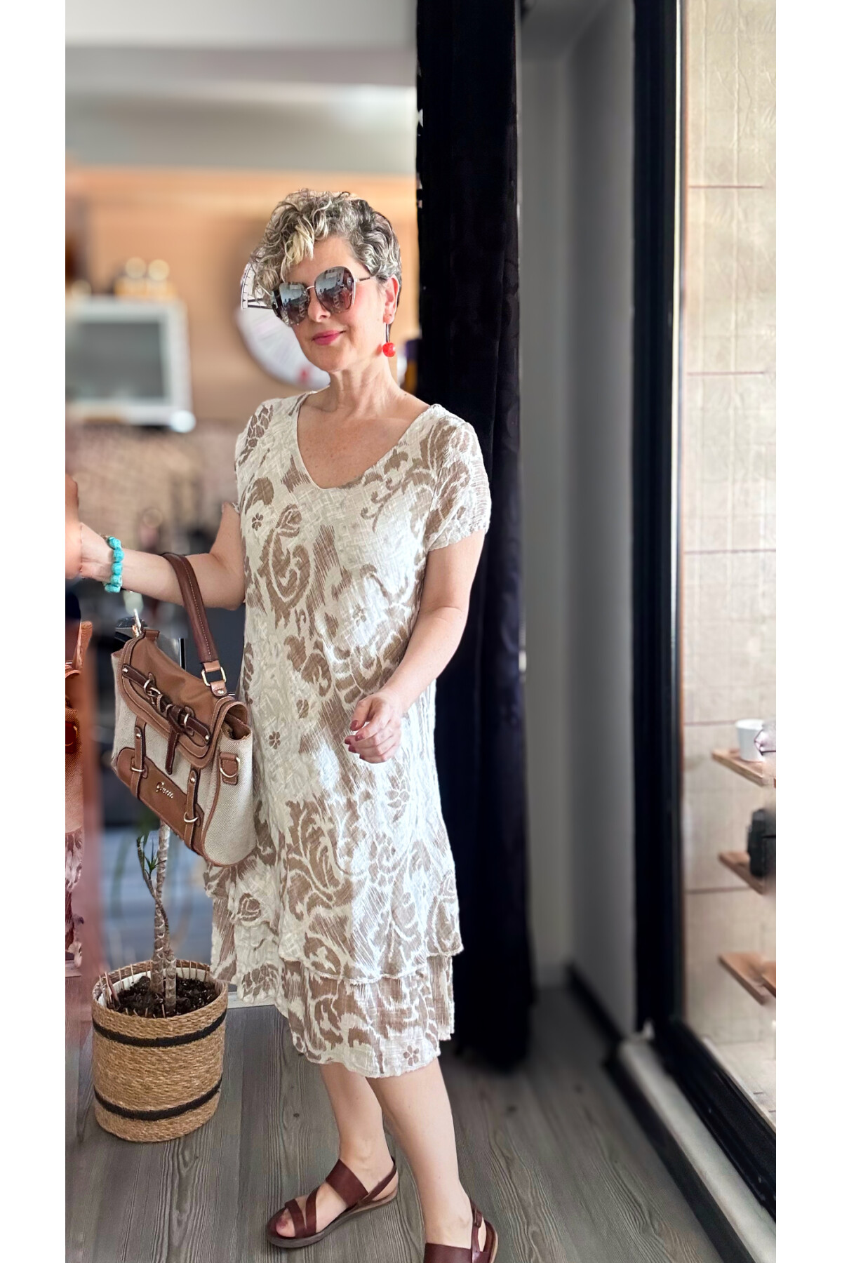 Tassi İtalyan Lotus Desenli Elbise Beige