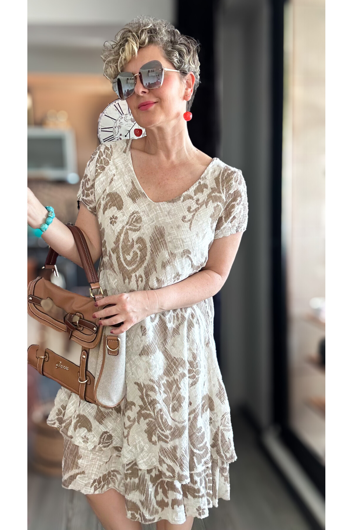 Tassi İtalyan Lotus Desenli Elbise Beige