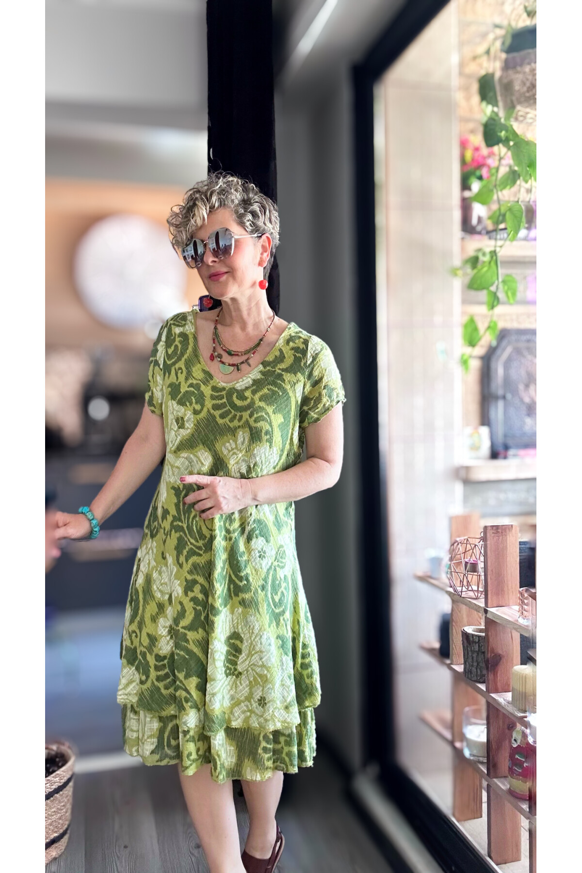 Tassi İtalyan Lotus Desenli Elbise Fıstık Yeşil