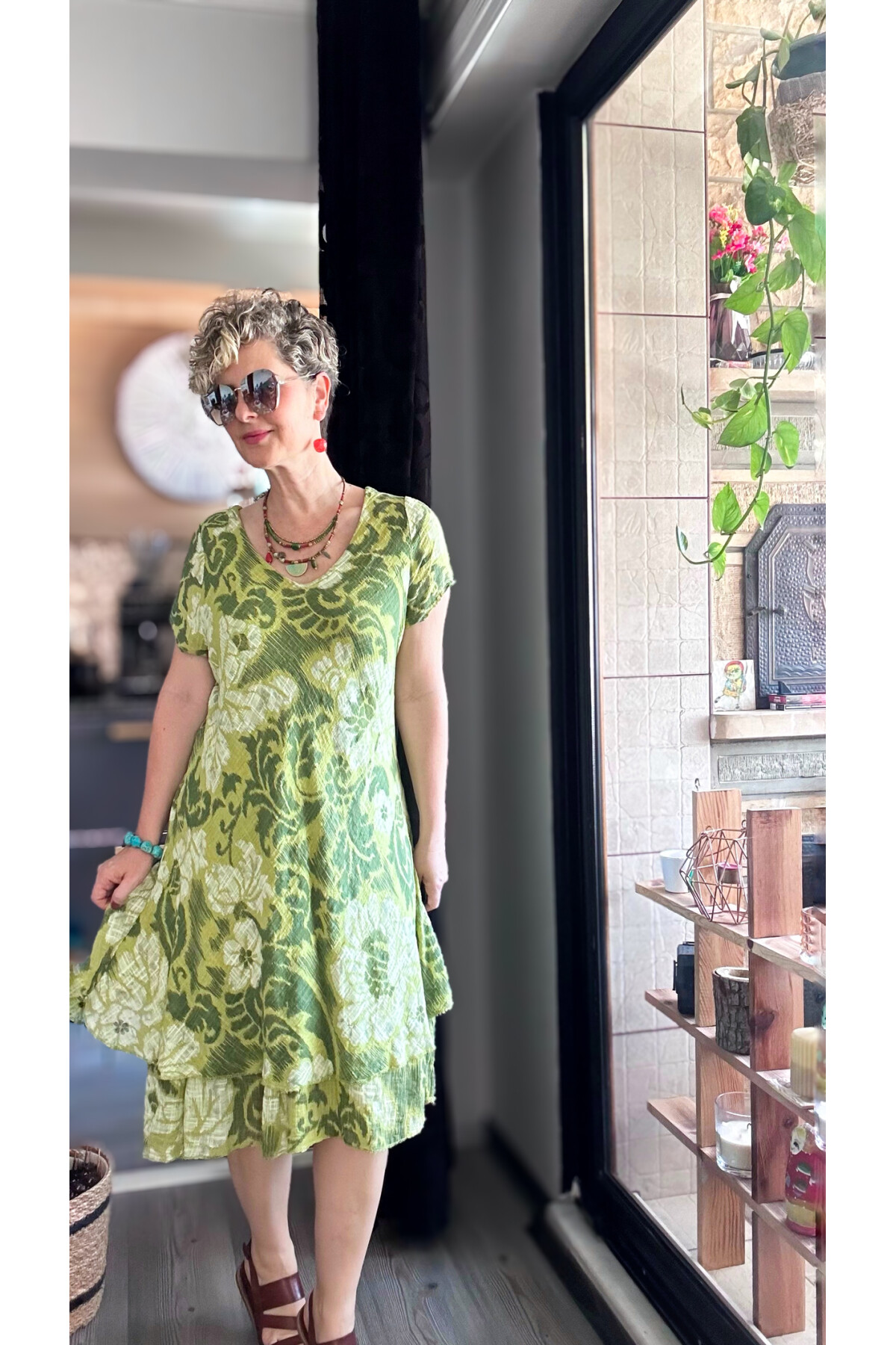 Tassi İtalyan Lotus Desenli Elbise Fıstık Yeşil