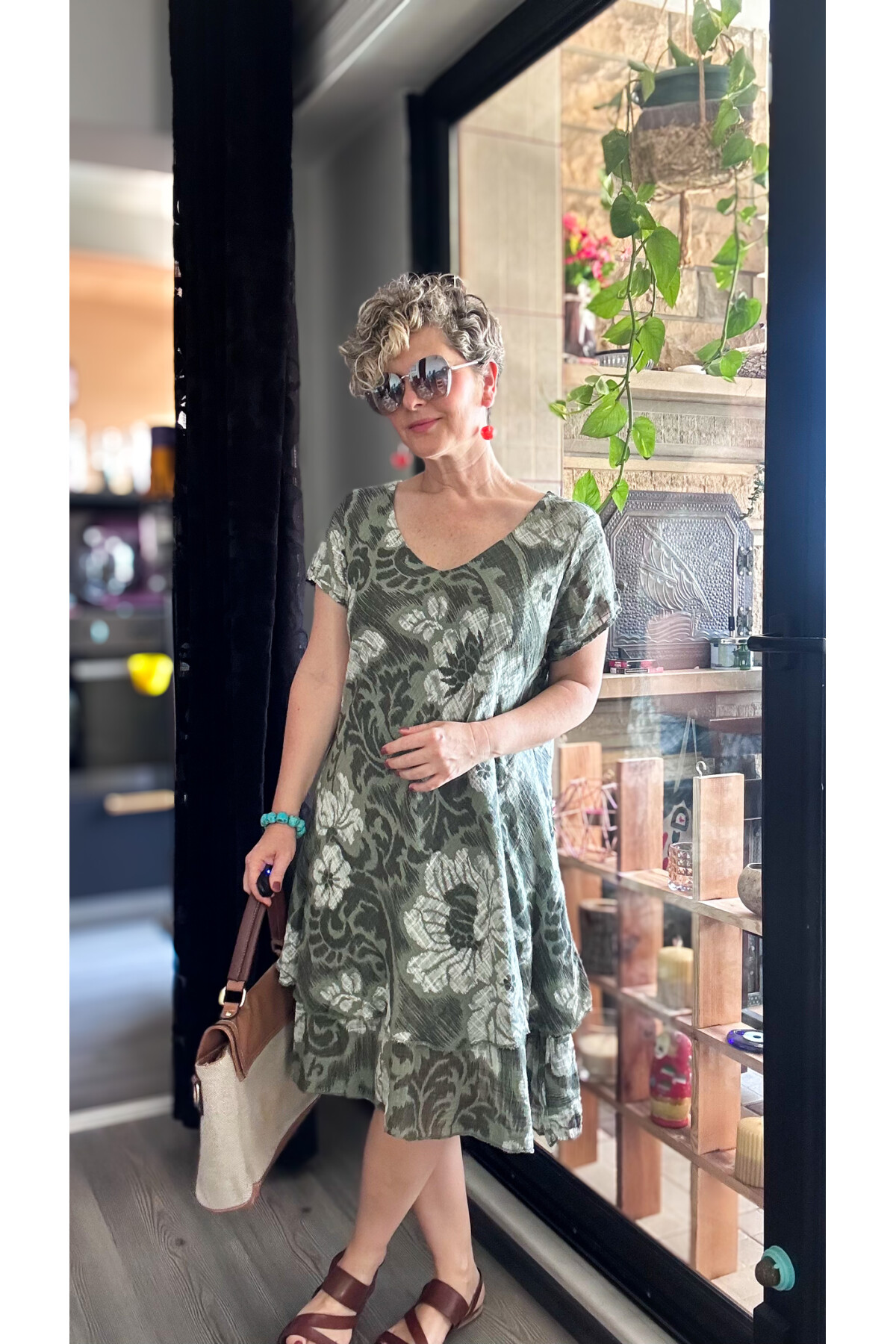 Tassi İtalyan Lotus Desenli Elbise Haki Yeşil