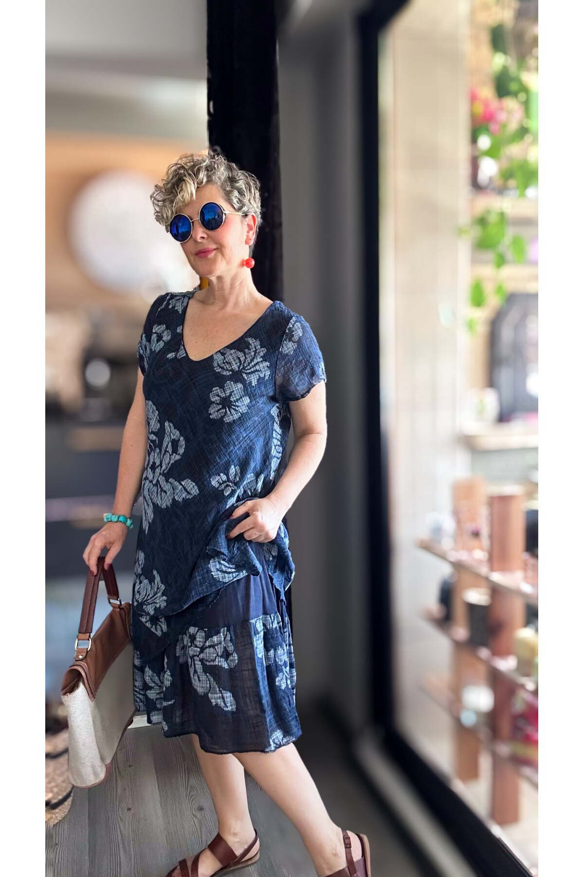 Tassi İtalyan Lotus Desenli Elbise Lacivert