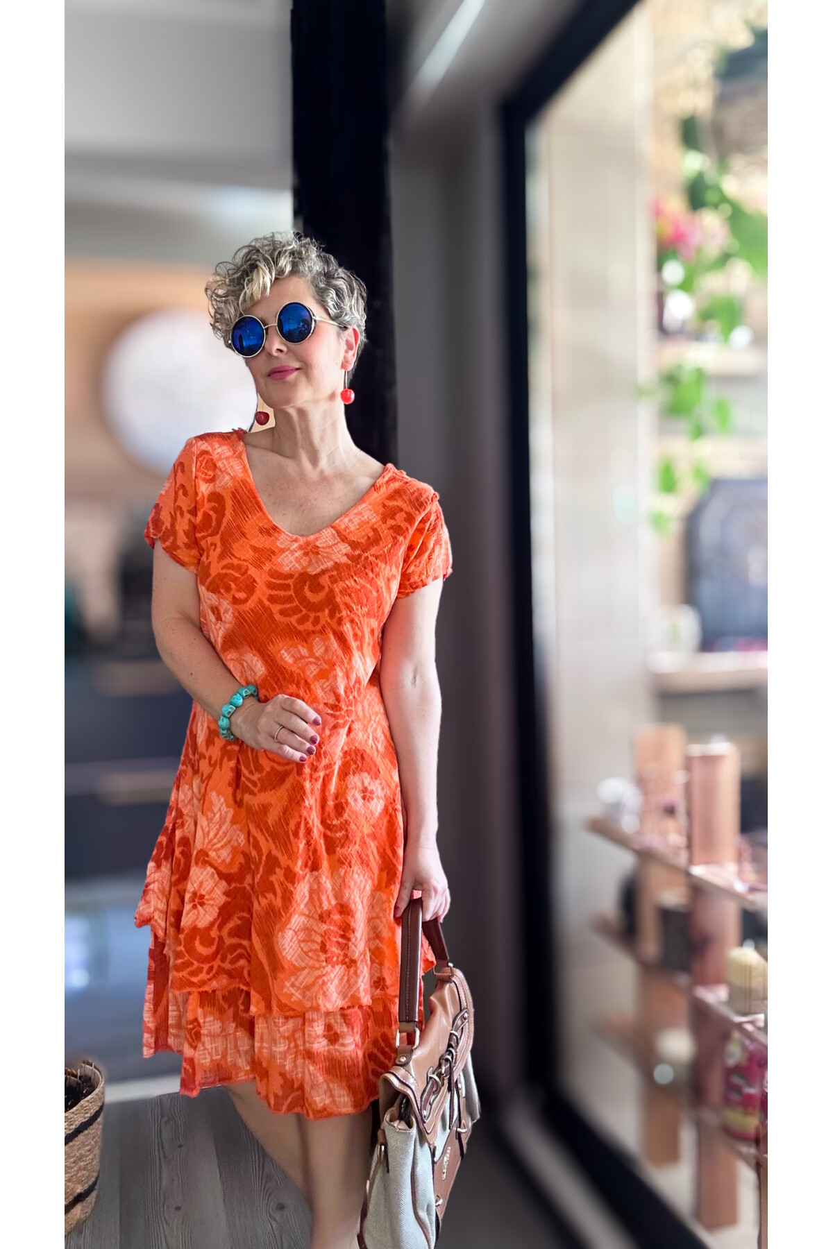 Tassi İtalyan Lotus Desenli Elbise Turuncu