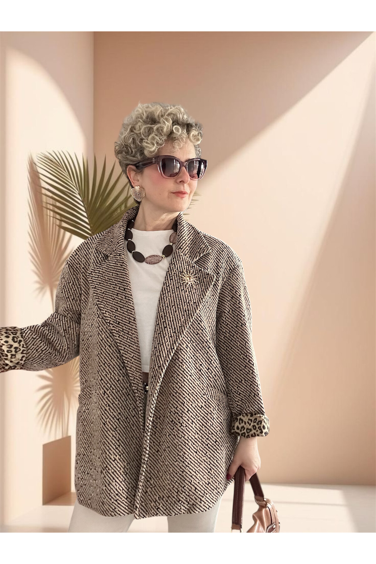 Tigre Çizgili Broşlu Leopar Astarlı Ceket Cafe Creme