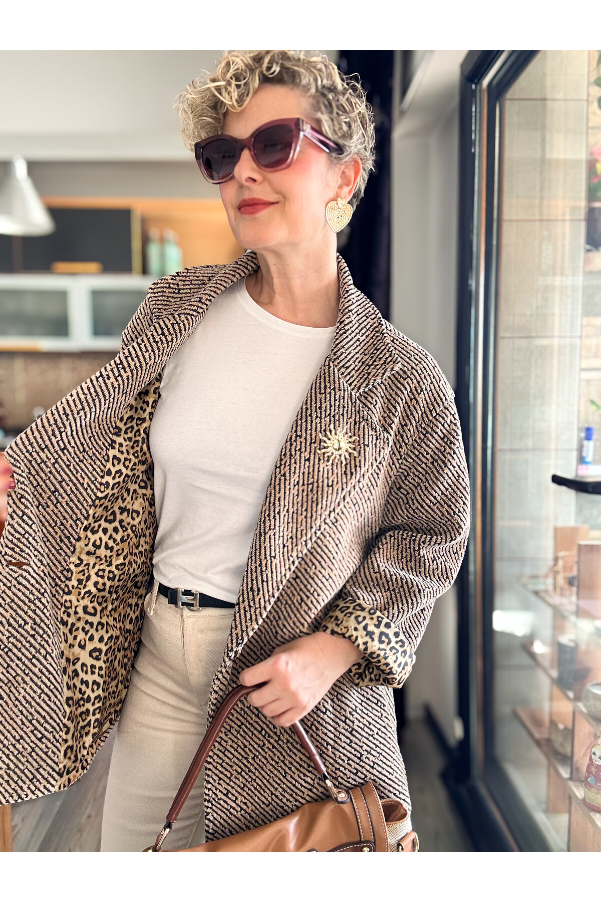 Tigre Çizgili Broşlu Leopar Astarlı Ceket Camel