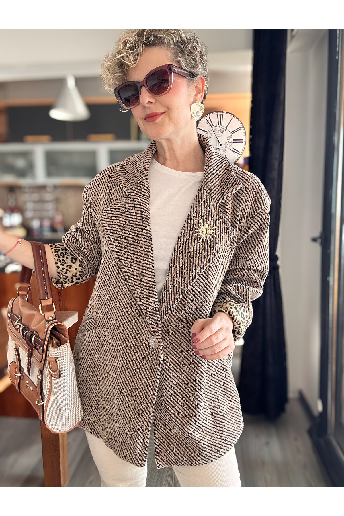 Tigre Çizgili Broşlu Leopar Astarlı Ceket Camel