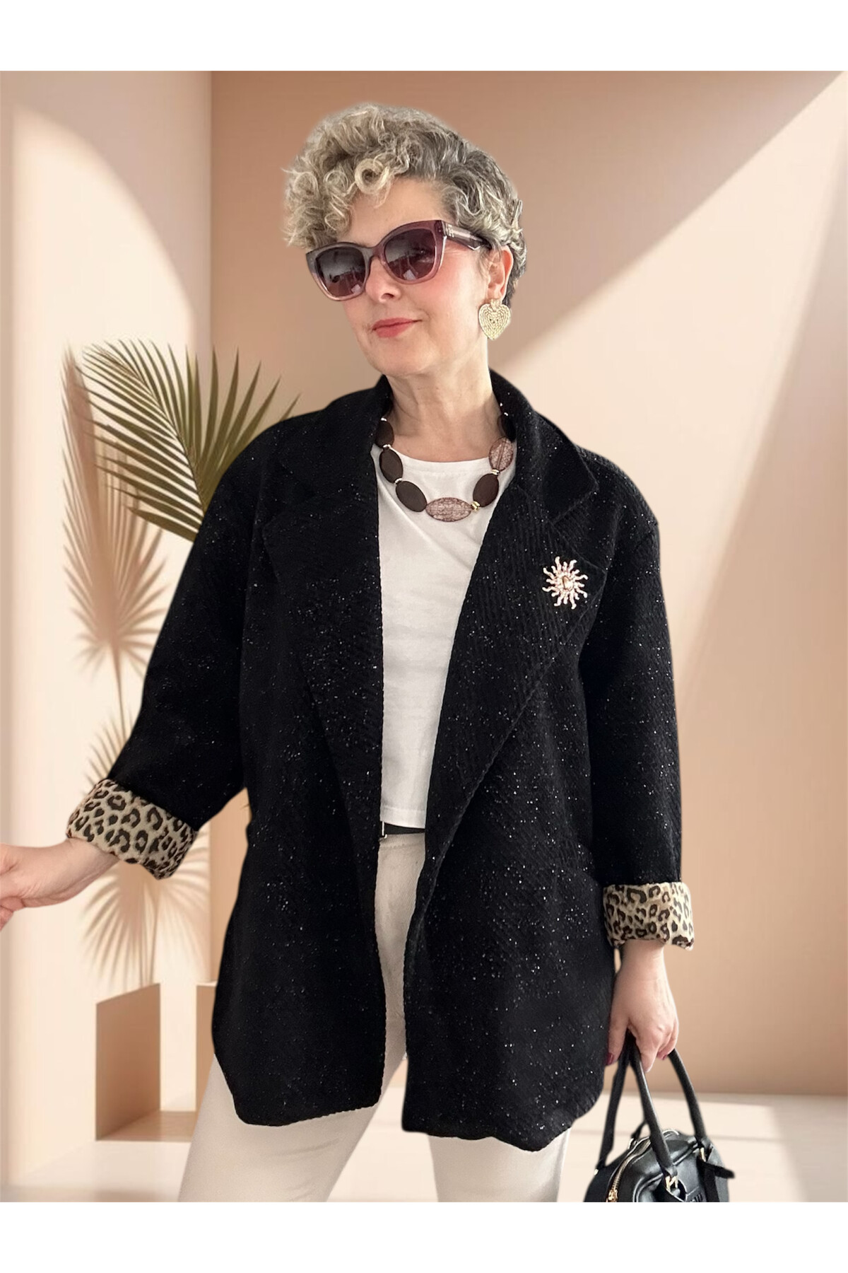 Tigre Çizgili Broşlu Leopar Astarlı Ceket Siyah