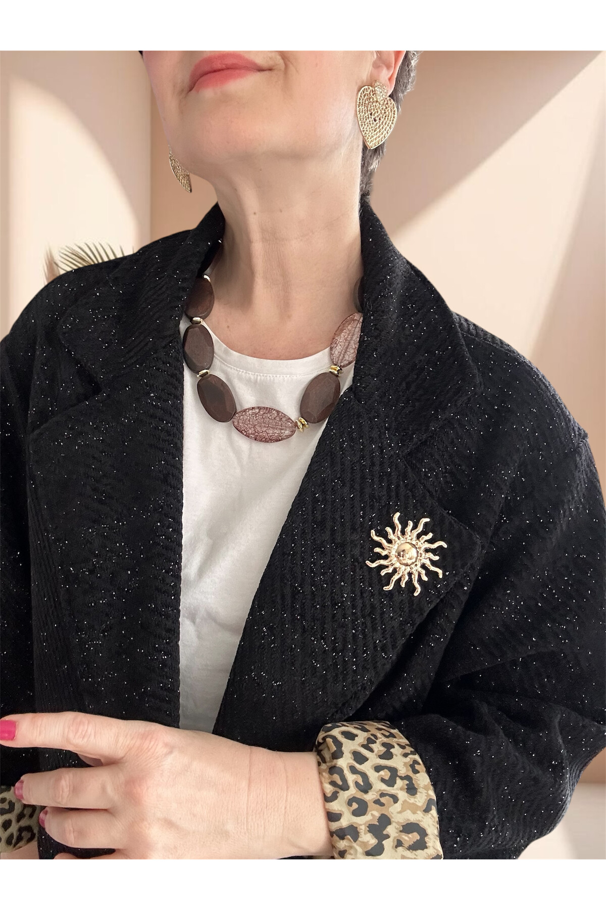 Tigre Çizgili Broşlu Leopar Astarlı Ceket Siyah