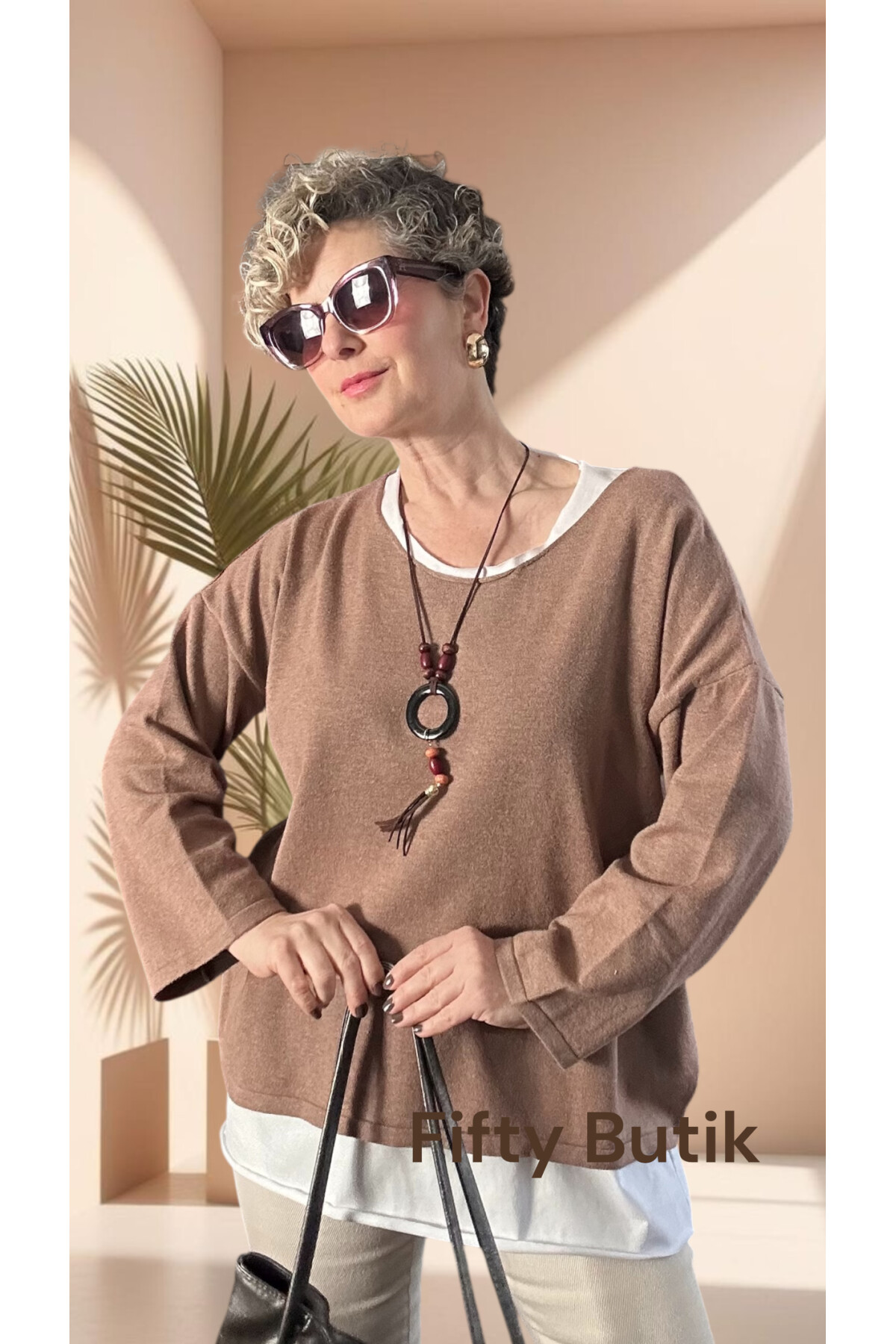 Torre Atletli Kolye Detay Triko Bluz Vizon