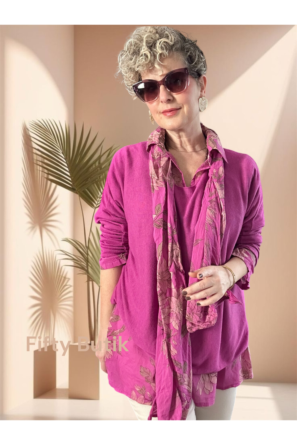 Tussi İtalyan Gömlekli Bluz Triko Takım Fuşya