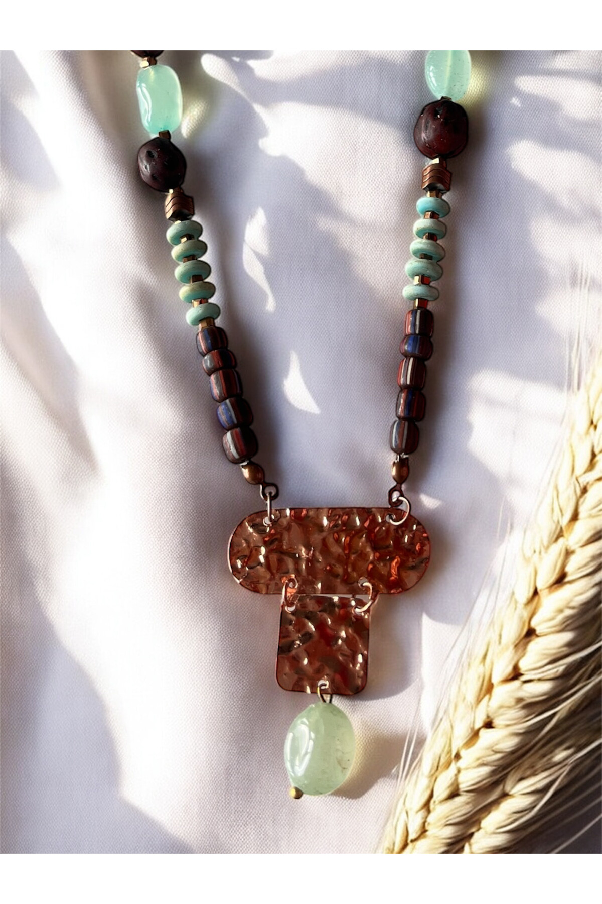 Uress Doğal Taş Pirinç Cam Etnik Kolye