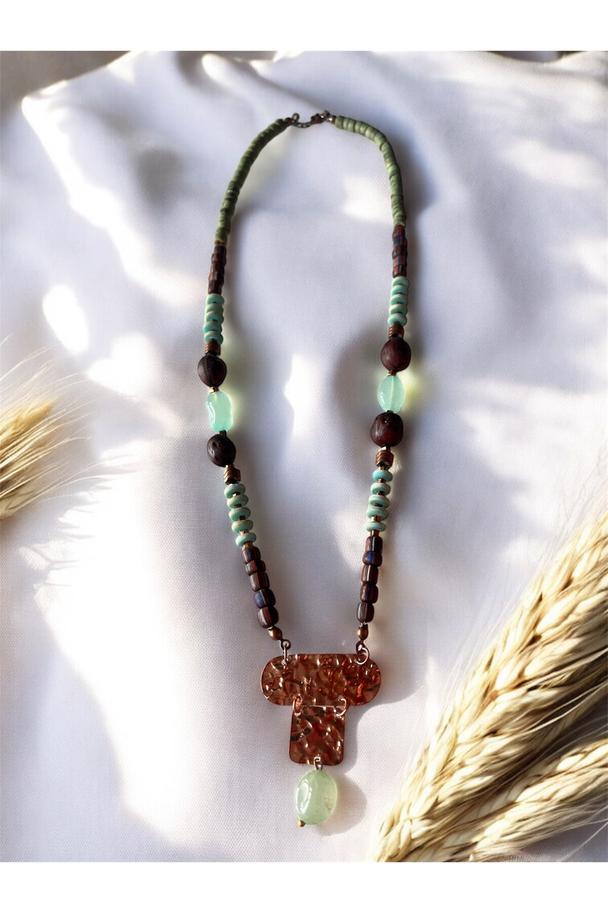 Uress Doğal Taş Pirinç Cam Etnik Kolye