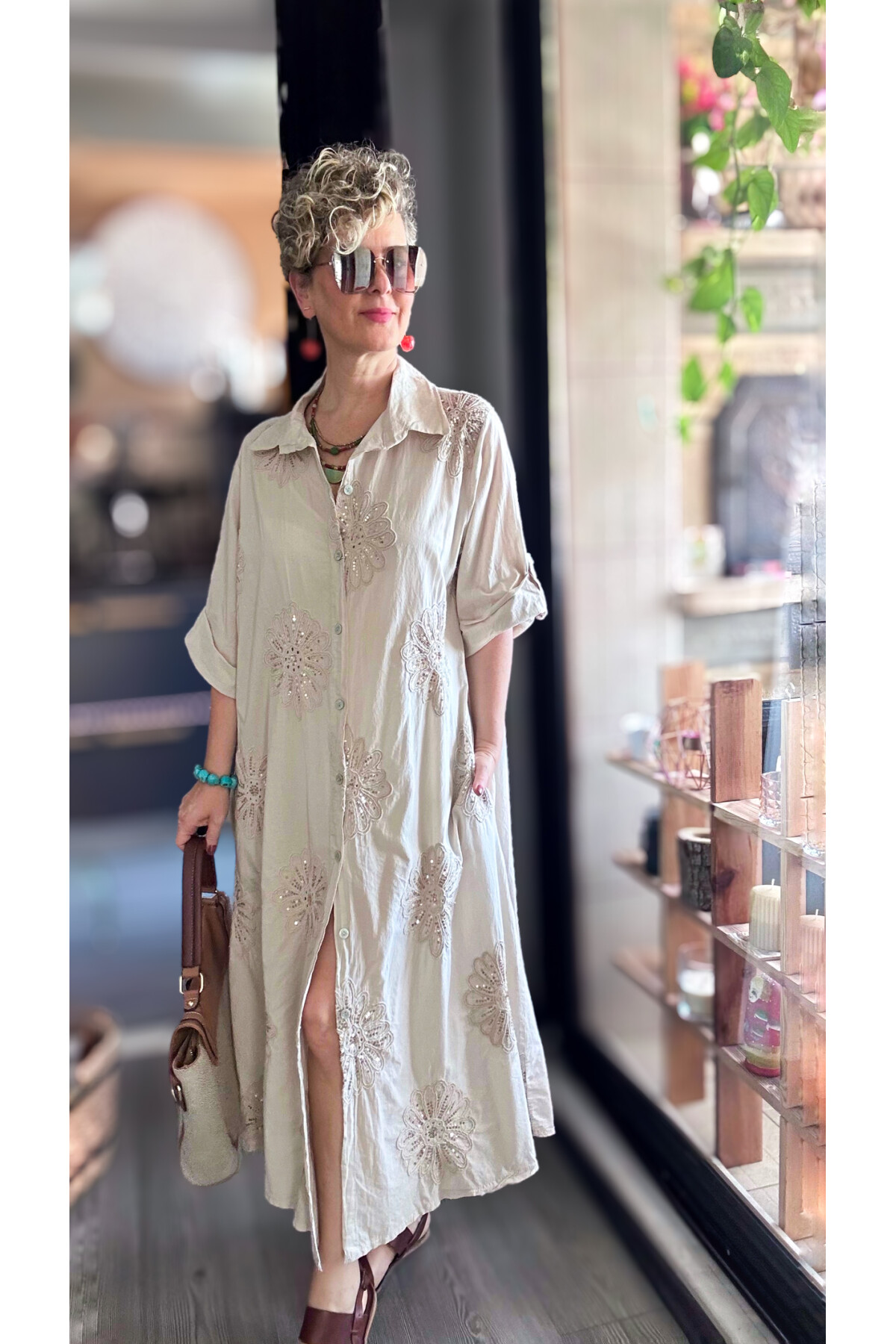 Vello İtalyan Pul Detaylı Gömlek  Elbise Kap Beige