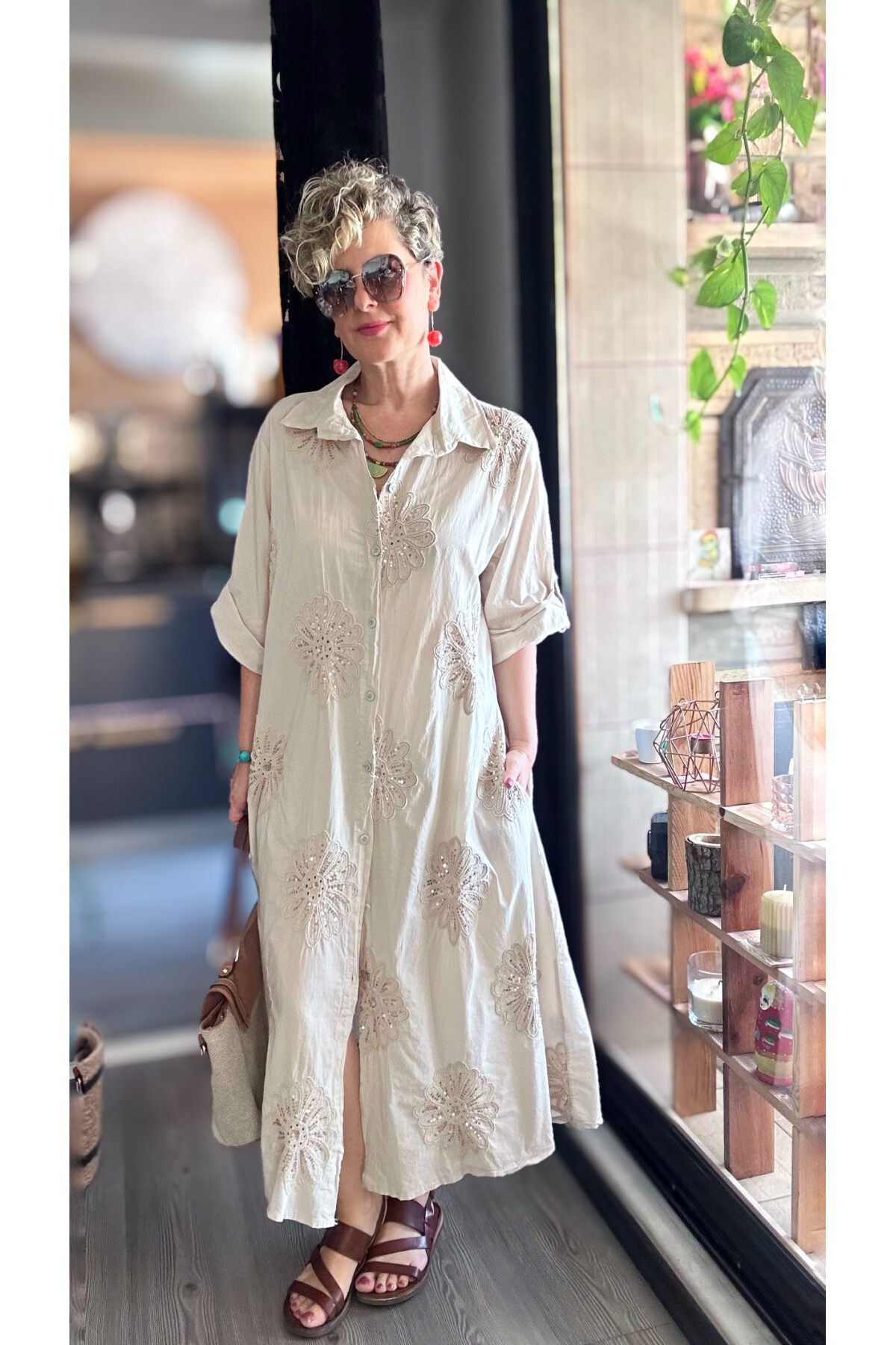 Vello İtalyan Pul Detaylı Gömlek  Elbise Kap Beige