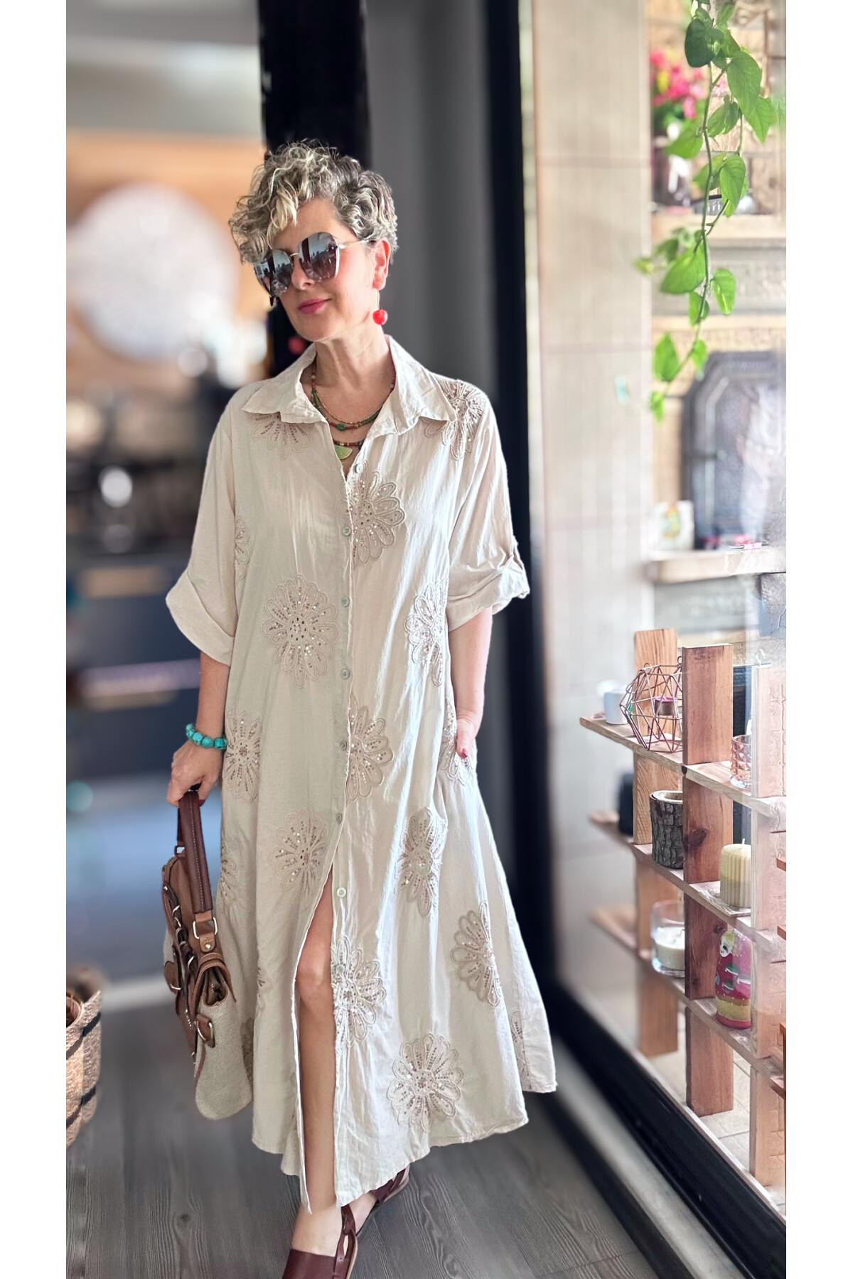 Vello İtalyan Pul Detaylı Gömlek  Elbise Kap Beige