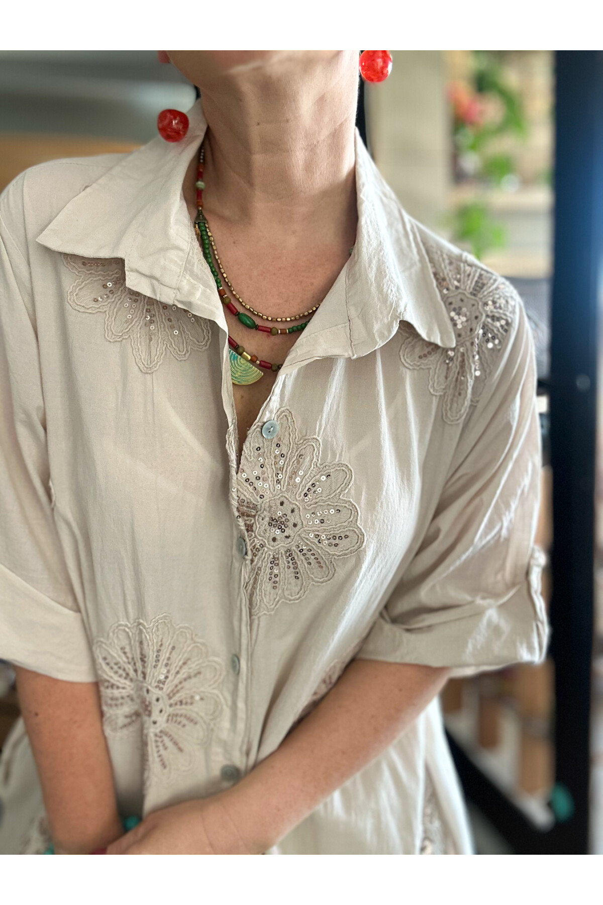 Vello İtalyan Pul Detaylı Gömlek  Elbise Kap Beige