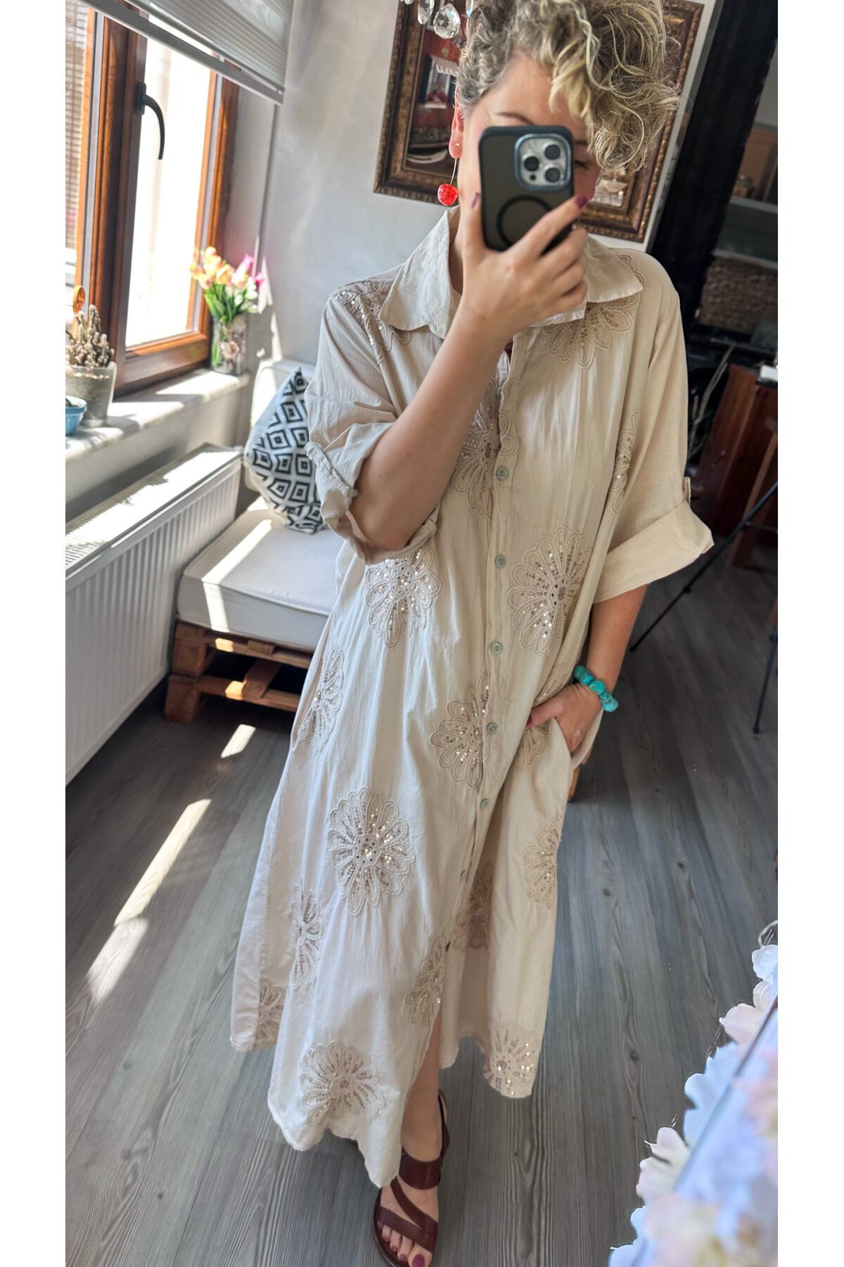 Vello İtalyan Pul Detaylı Gömlek  Elbise Kap Beige