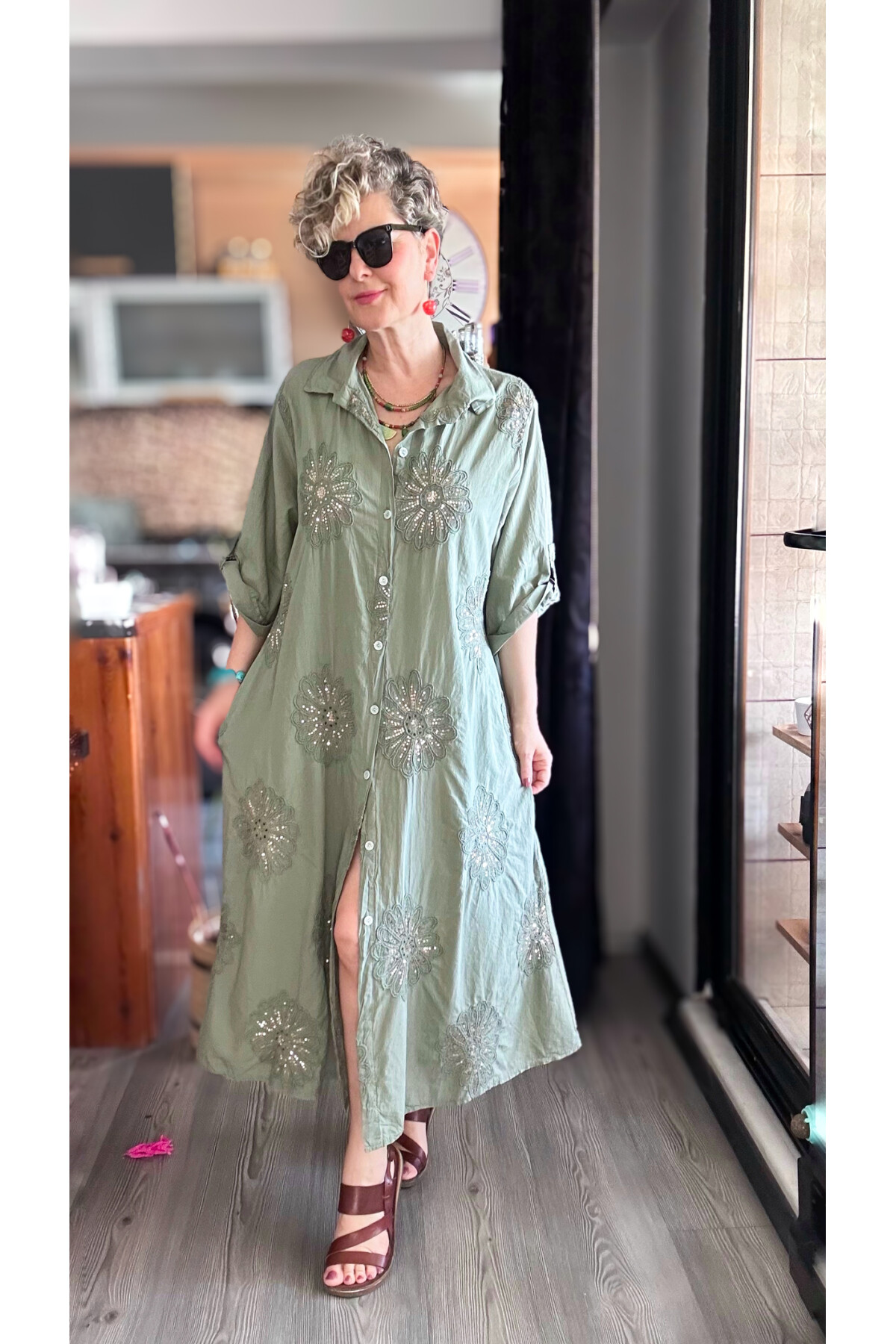 Vello İtalyan Pul Detaylı Gömlek  Elbise Kap Haki Yeşil