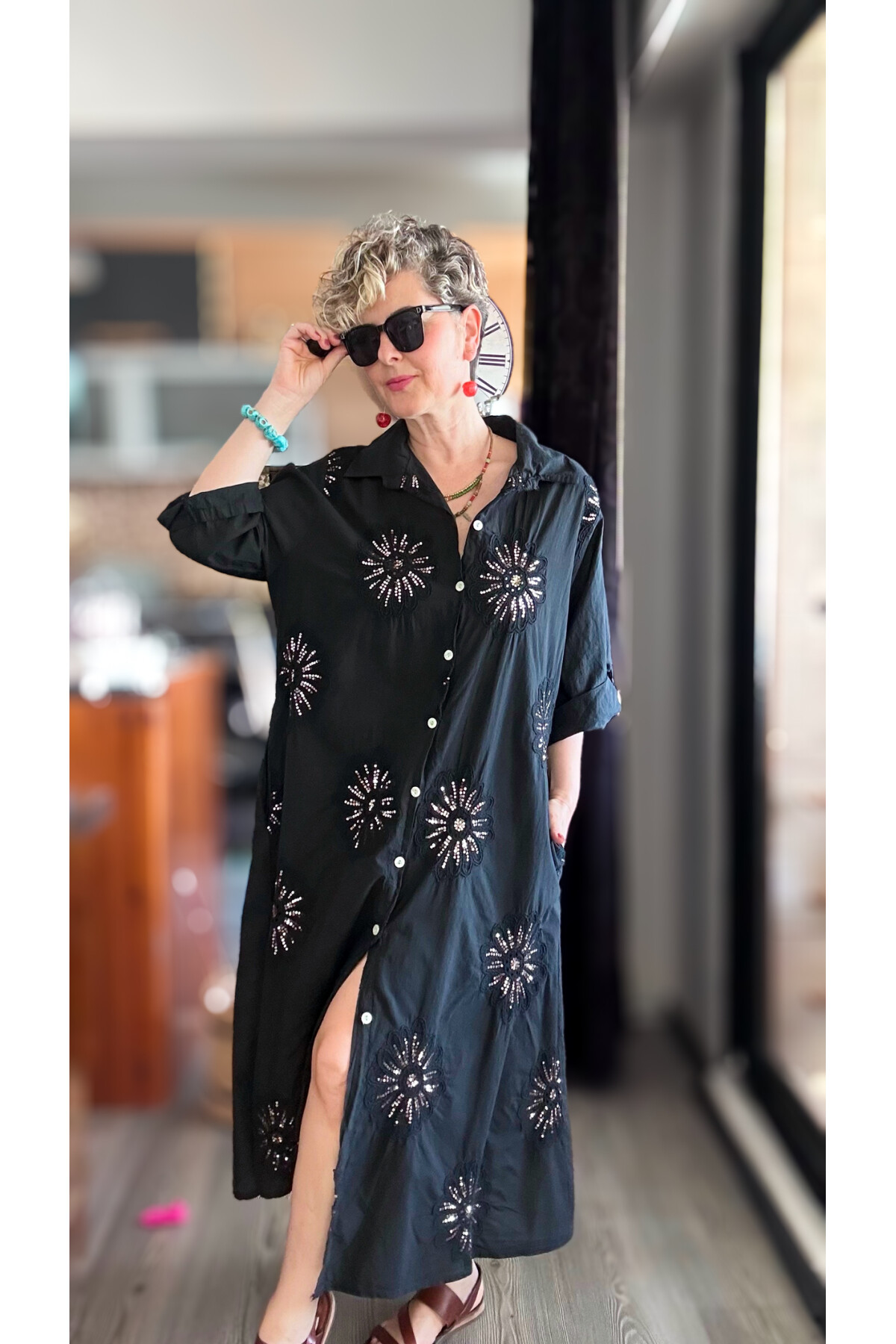 Vello İtalyan Pul Detaylı Gömlek  Elbise Kap Siyah