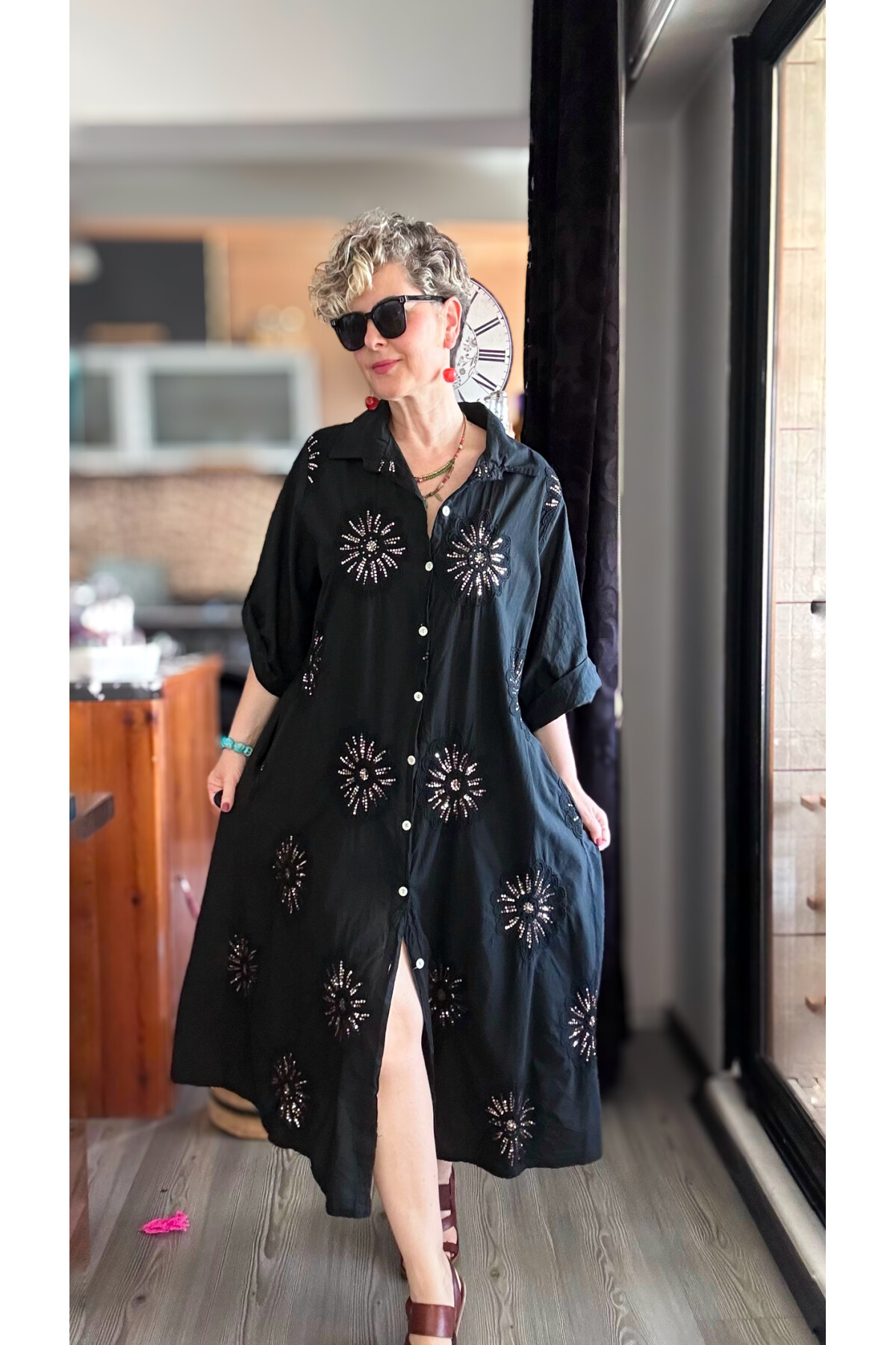 Vello İtalyan Pul Detaylı Gömlek  Elbise Kap Siyah