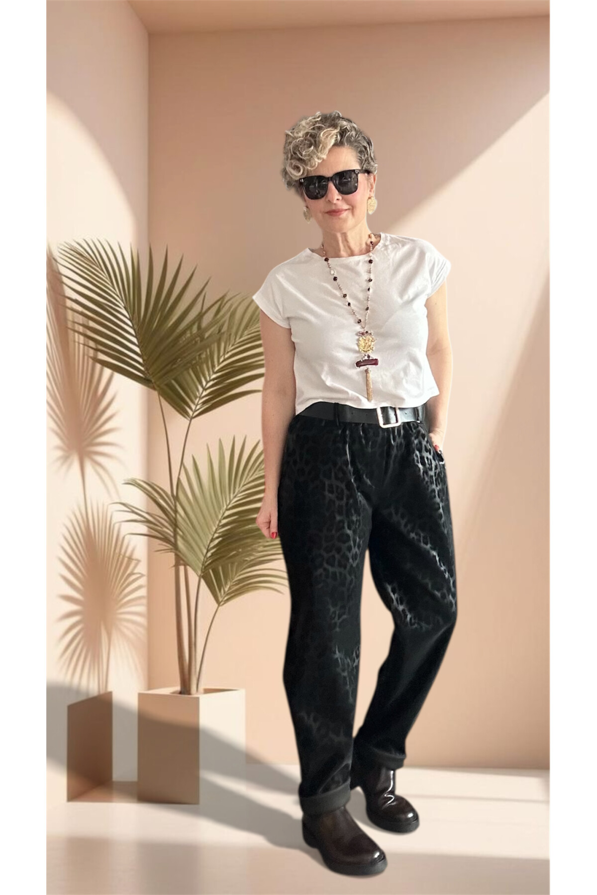 Vento İthal Leopar Desen Deri Görünüm Pantolon Siyah