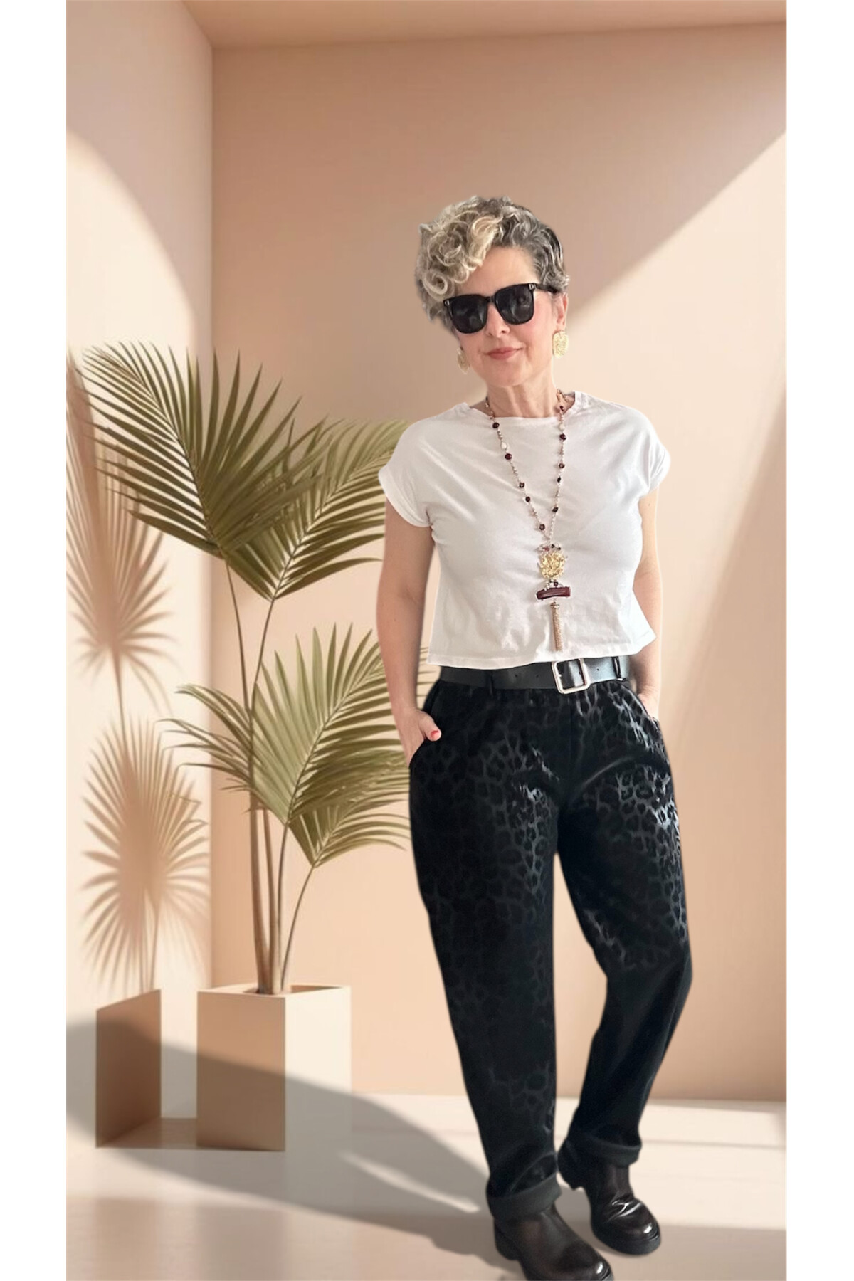 Vento İthal Leopar Desen Deri Görünüm Pantolon Siyah