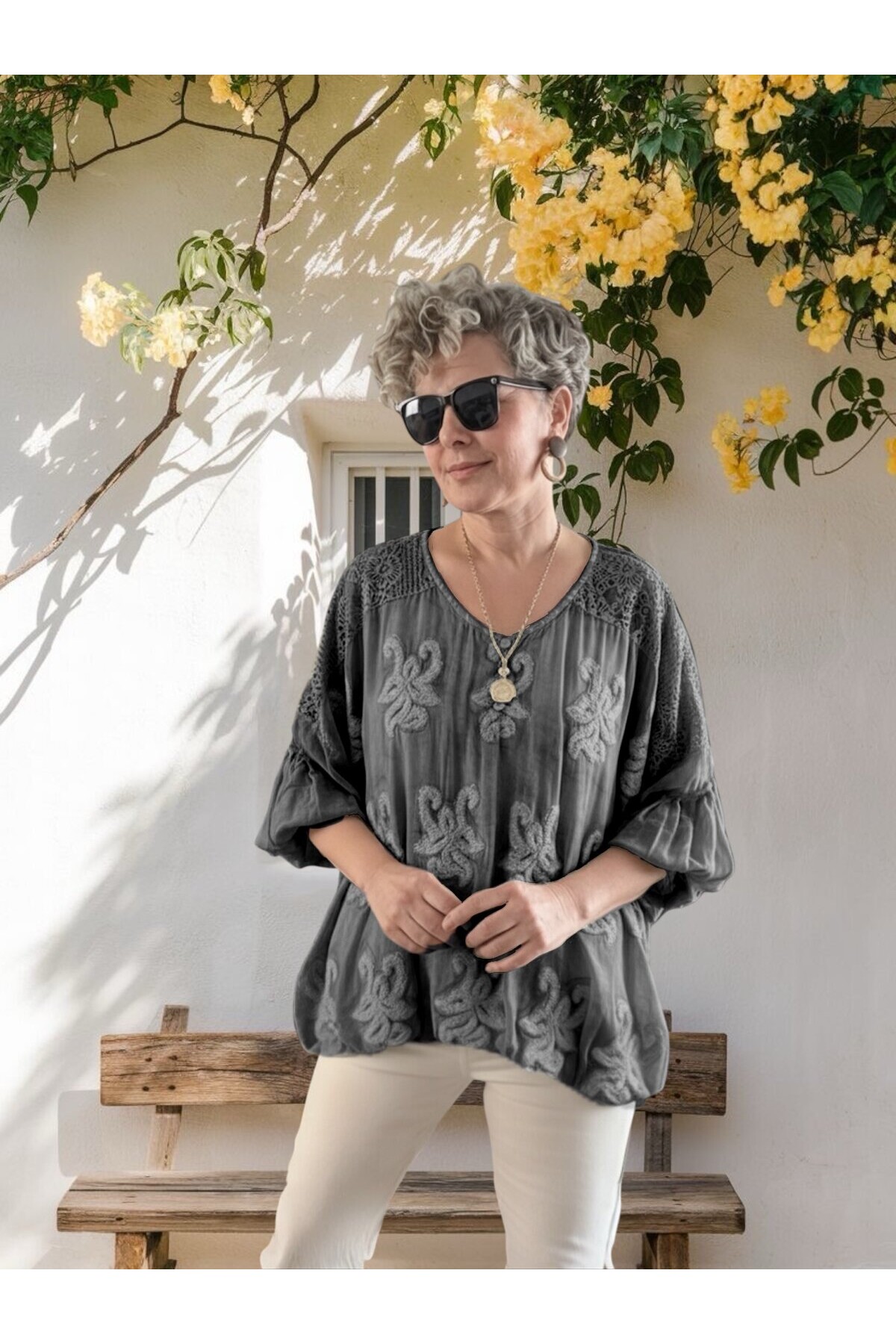 Vessa İtalyan Seri Nakışlı Premium İpek Bluz Antrasit