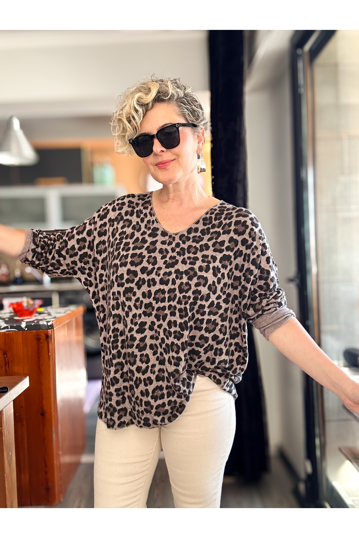 Virgin İtalyan V Yaka Desenli Triko Vizon