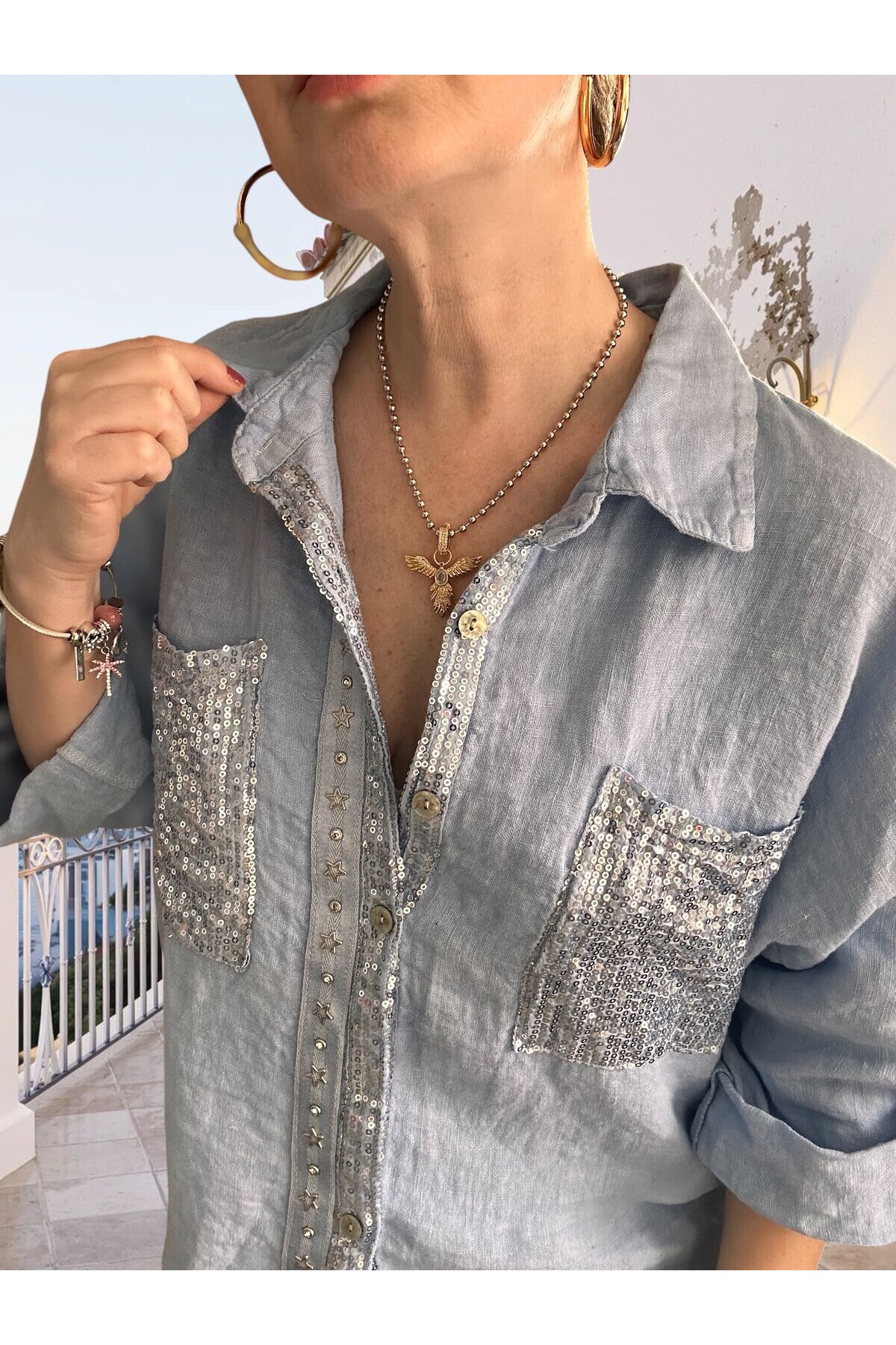 Afro  İtalyan Vip Pul Payet Detay Gömlek Ceket Bebe Mavi