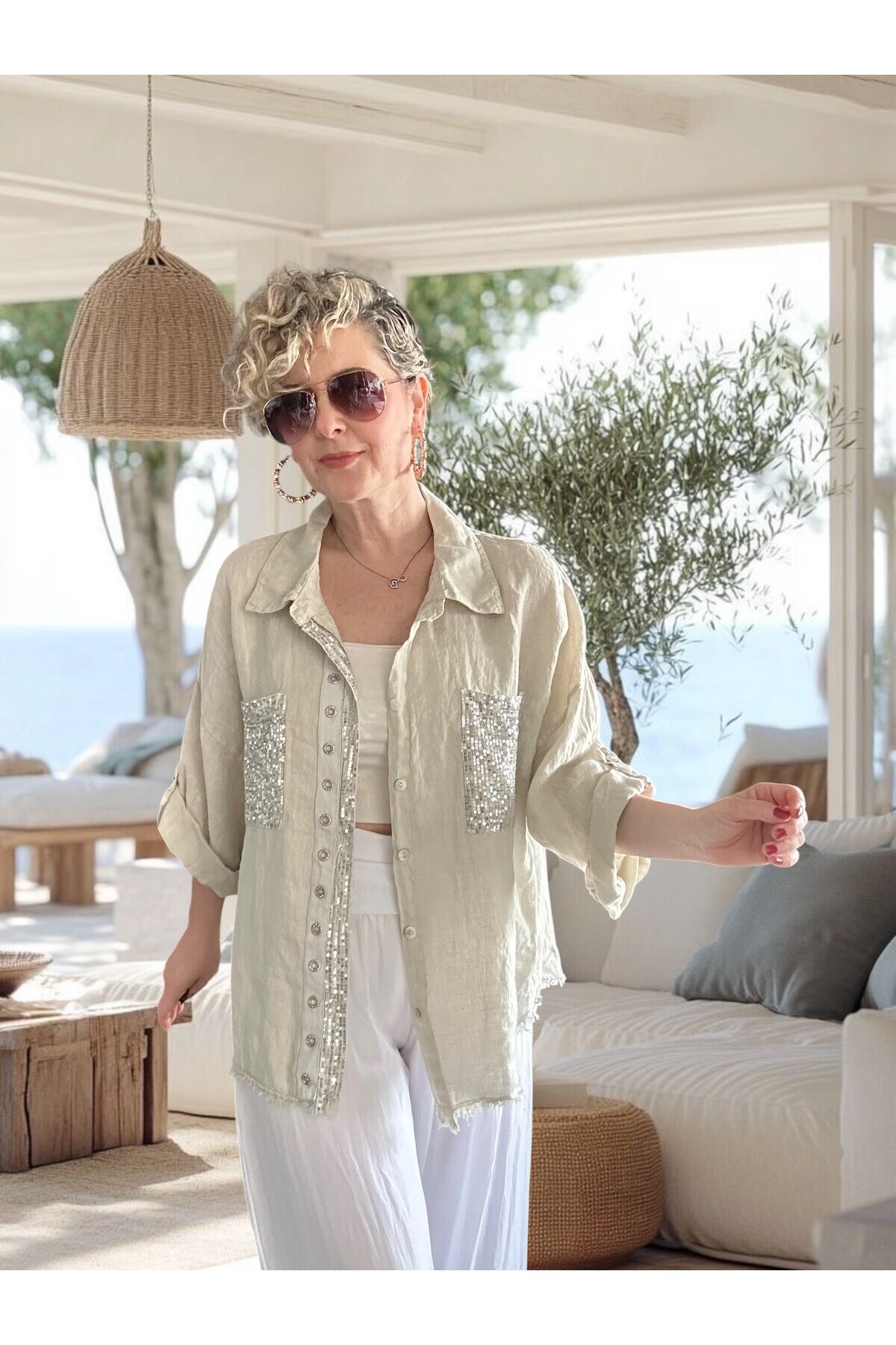 Afro  İtalyan Vip Pul Payet Detay Gömlek Ceket Beige