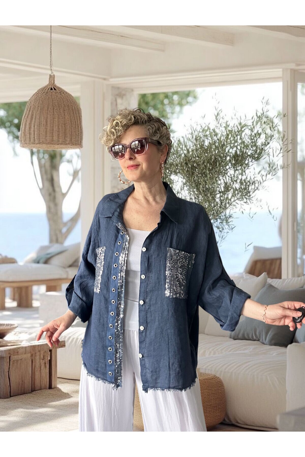 Afro  İtalyan Vip Pul Payet Detay Gömlek Ceket Lacivert