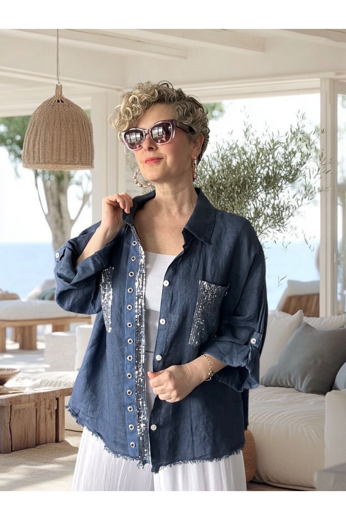 Afro  İtalyan Vip Pul Payet Detay Gömlek Ceket Lacivert