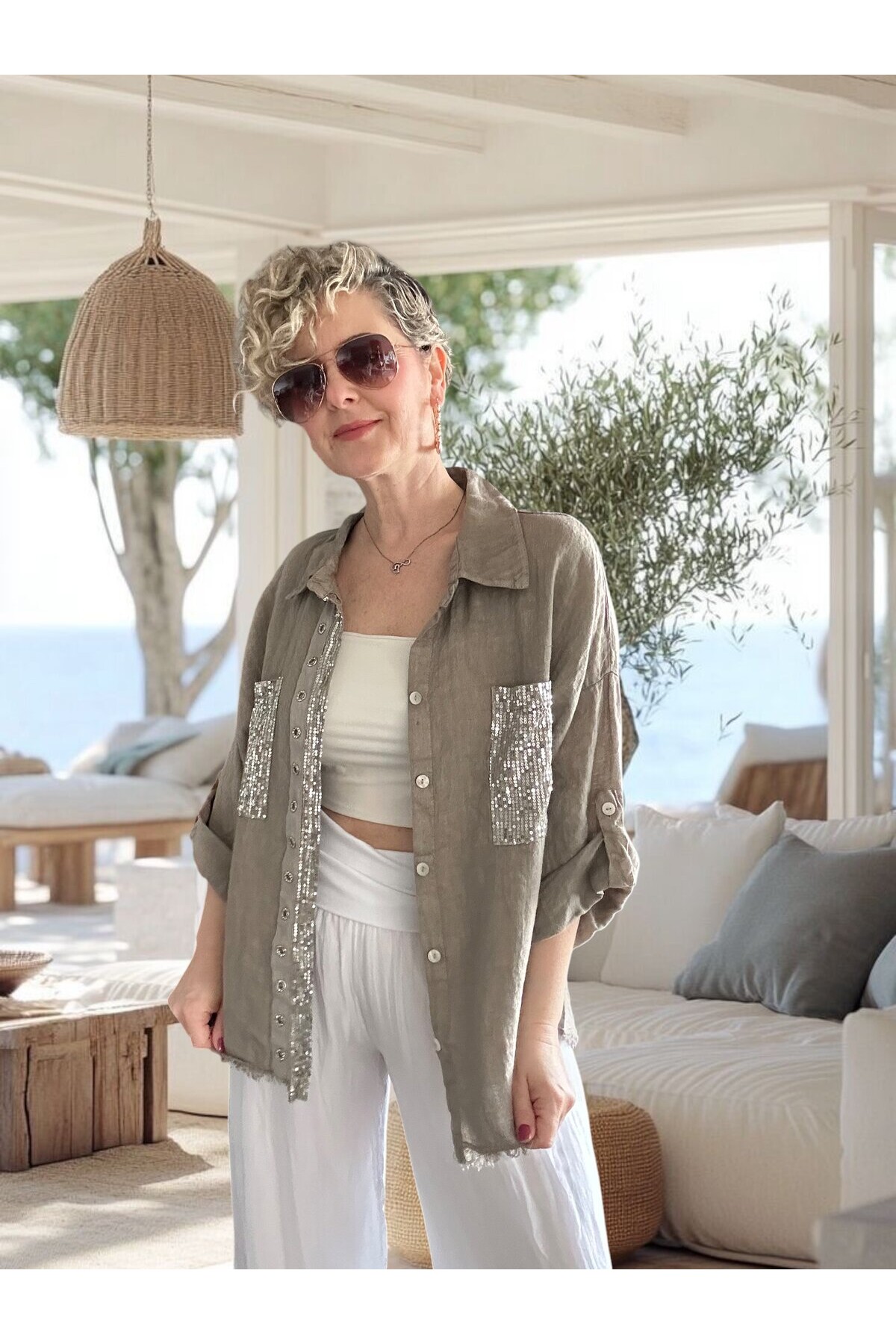 Afro  İtalyan Vip Pul Payet Detay Gömlek Ceket Vizon