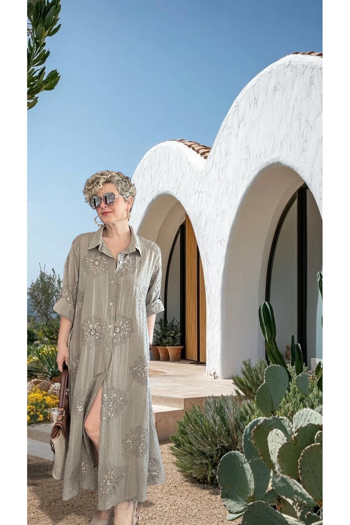 Alba Artizan Doku İtalyan Pul Detaylı Gömlek  Elbise Kap Fango