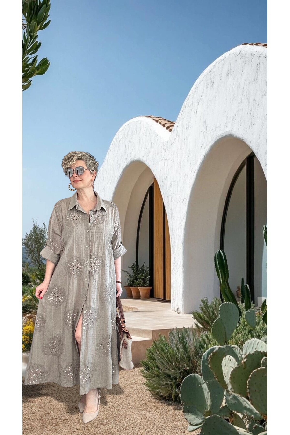 Alba Artizan Doku İtalyan Pul Detaylı Gömlek  Elbise Kap Fango