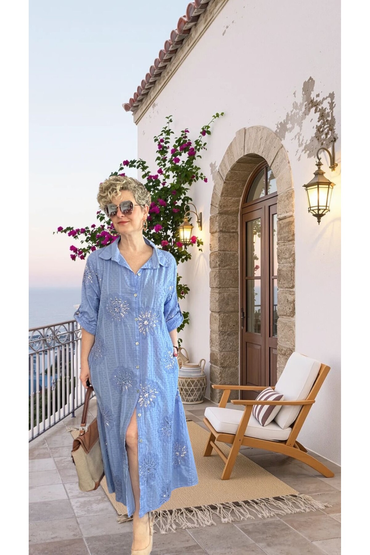 Alba Artizan Doku İtalyan Pul Detaylı Gömlek  Elbise Kap İmperial Mavi