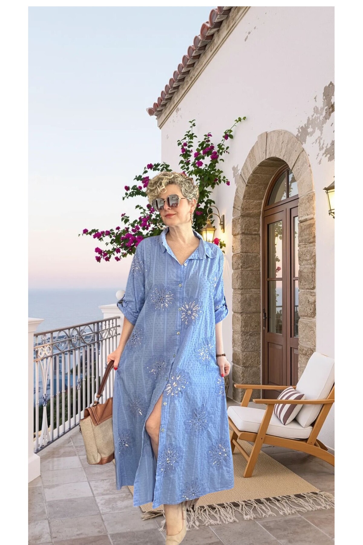 Alba Artizan Doku İtalyan Pul Detaylı Gömlek  Elbise Kap İmperial Mavi