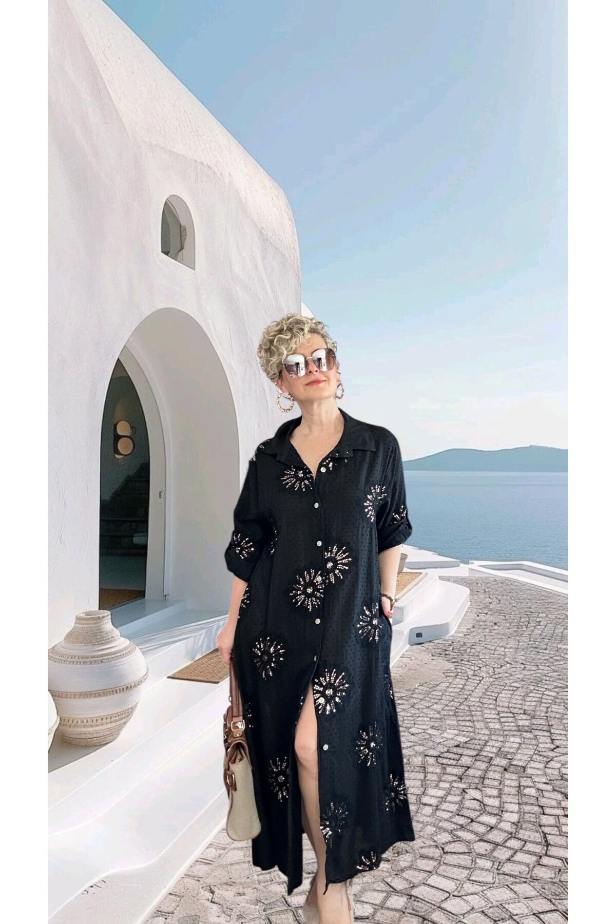 Alba Artizan Doku İtalyan Pul Detaylı Gömlek  Elbise Kap Siyah