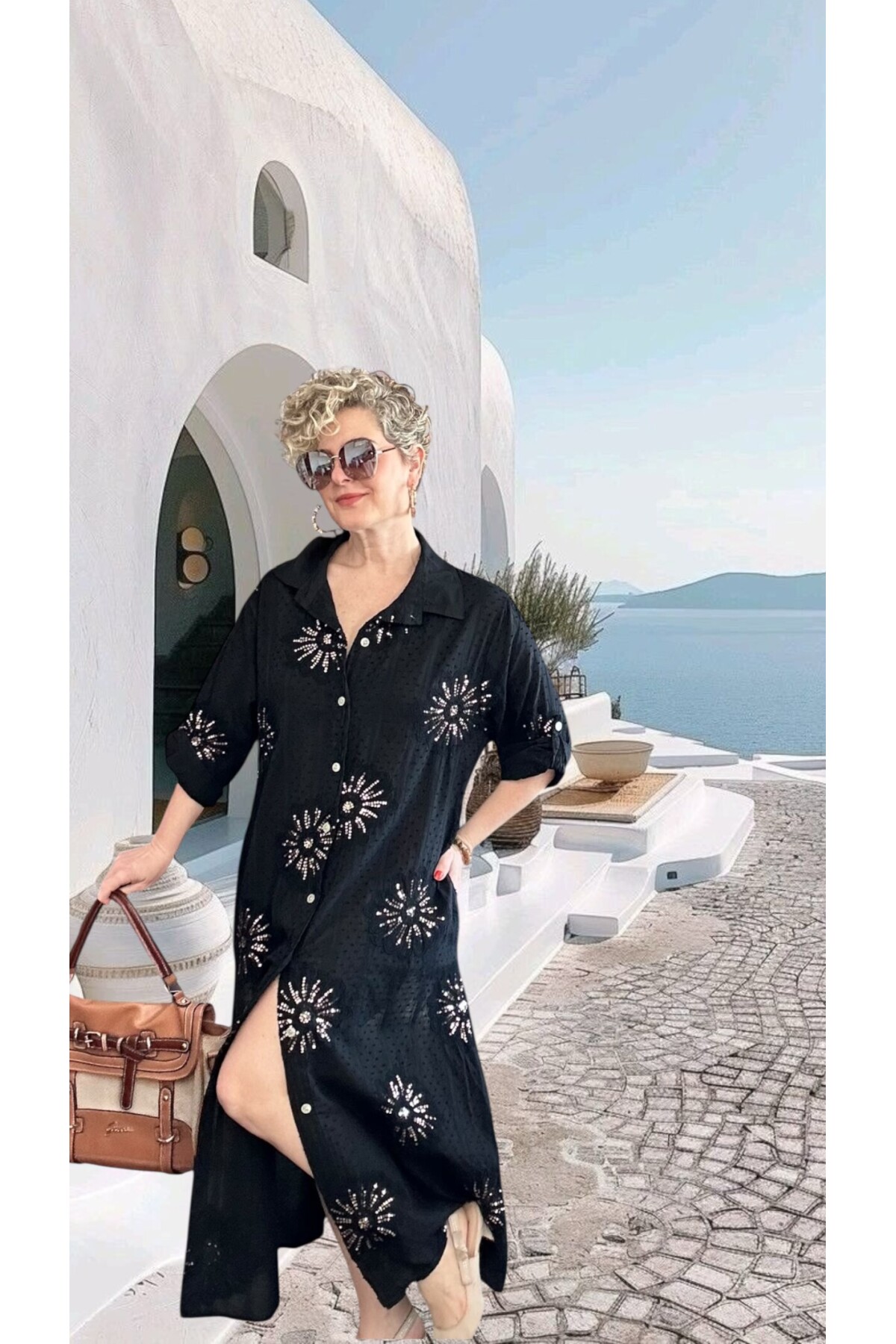 Alba Artizan Doku İtalyan Pul Detaylı Gömlek  Elbise Kap Siyah