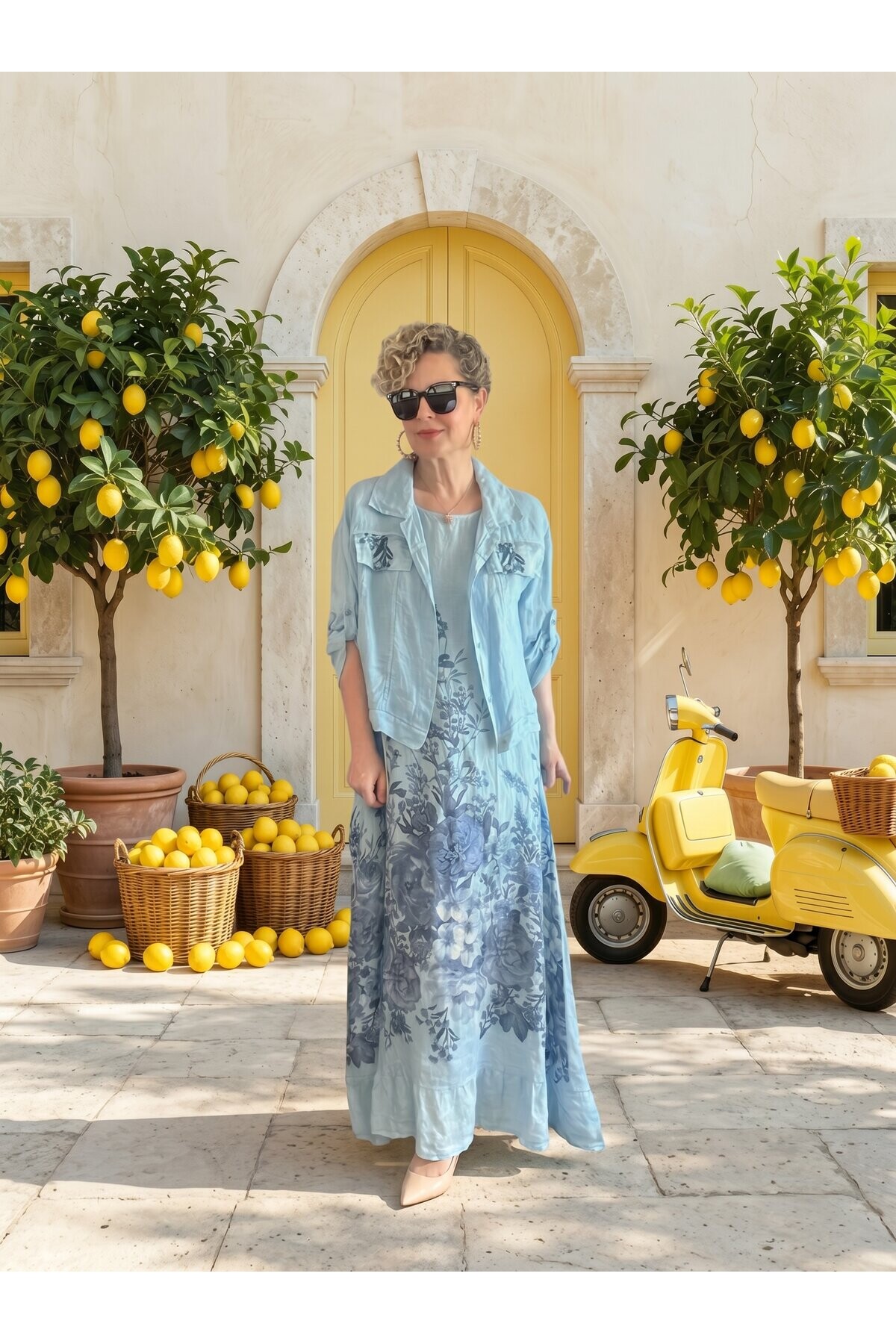 Amentes| İthal %100 Linen Ceket & Kolsuz Elbise Takımı Bebe Mavi