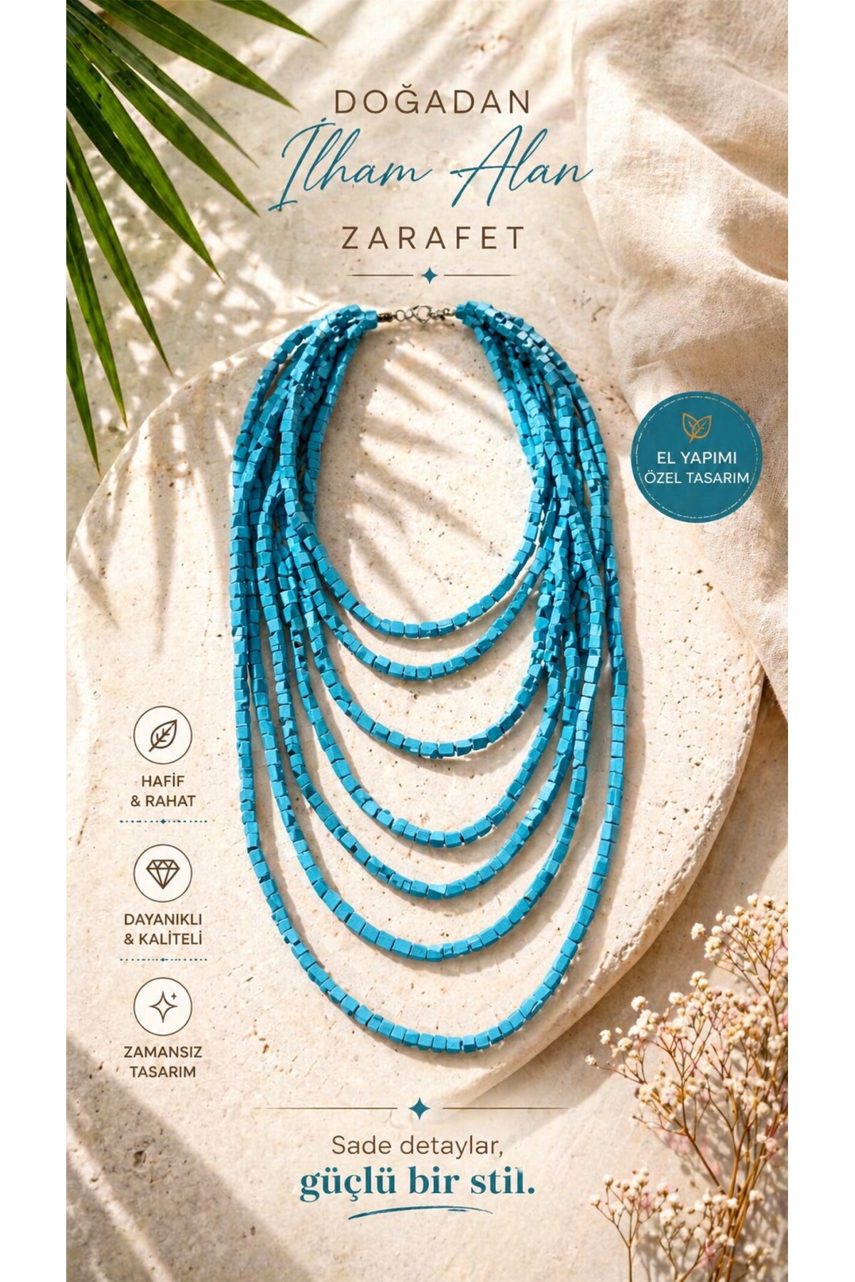 Baby Blue Tahta Otantik Sekiz Sıra Kolye