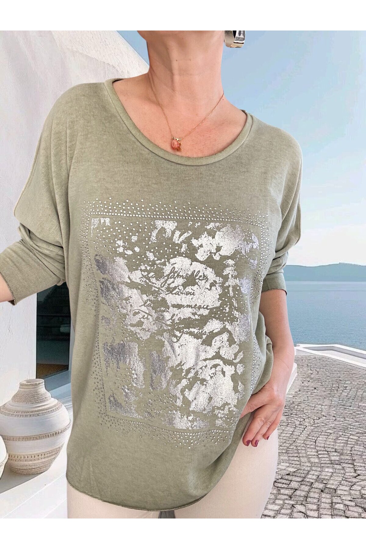 Bellamo İtalyan Kamuflaj Taşlı Triko Tunik Haki